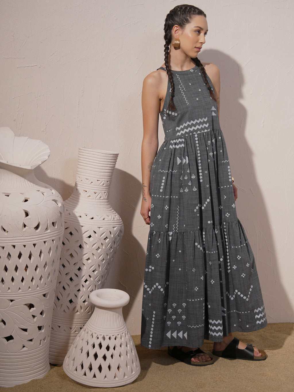 Vara By Vishudh Women Grey Printed Maxi Dress - Grey - Image 4