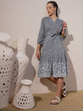 Vara By Vishudh Women Grey Printed Fit And Flare Dress - Grey - Image 1