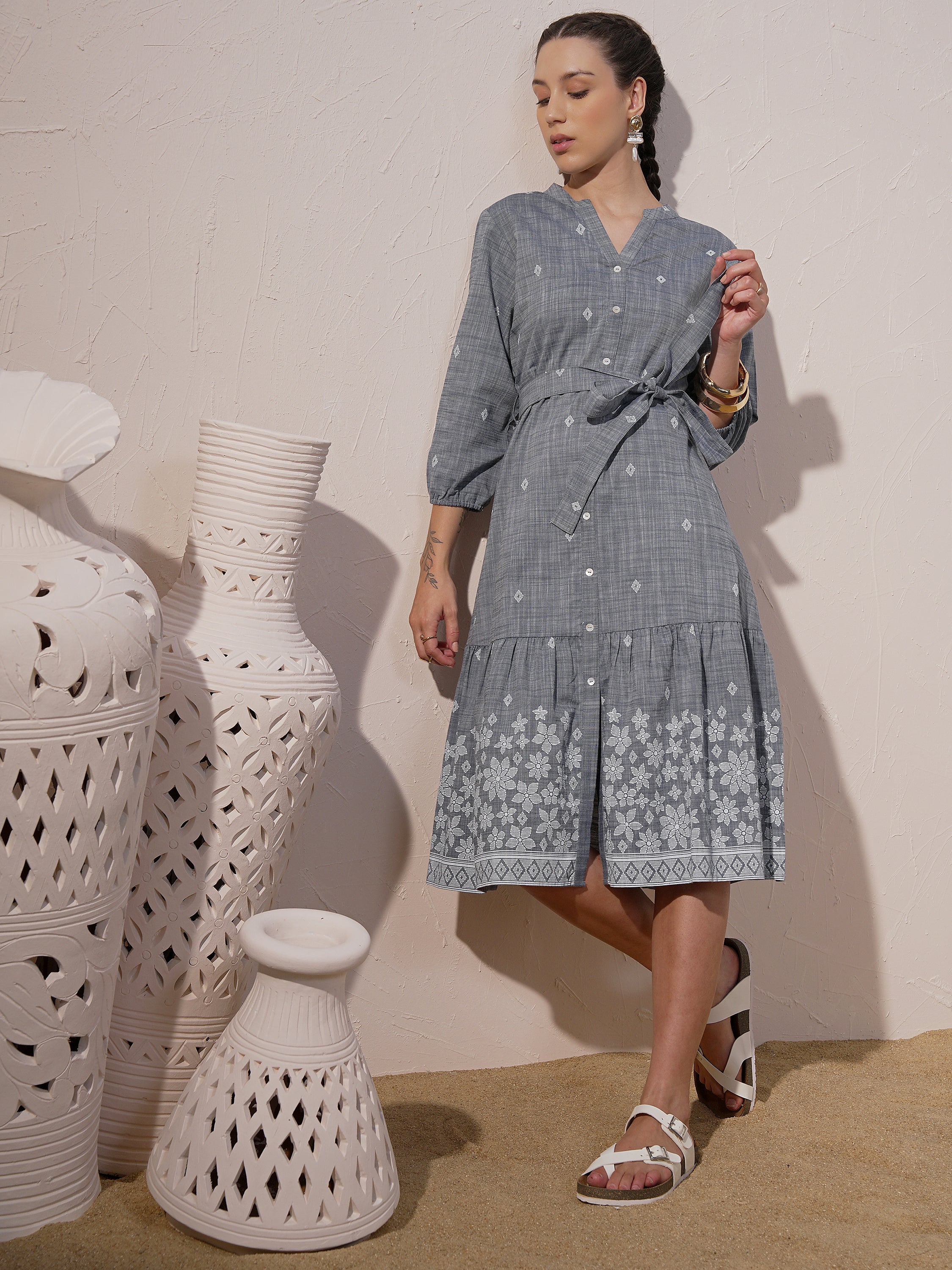 Vara By Vishudh Women Grey Printed Fit And Flare Dress - Grey - Image 1