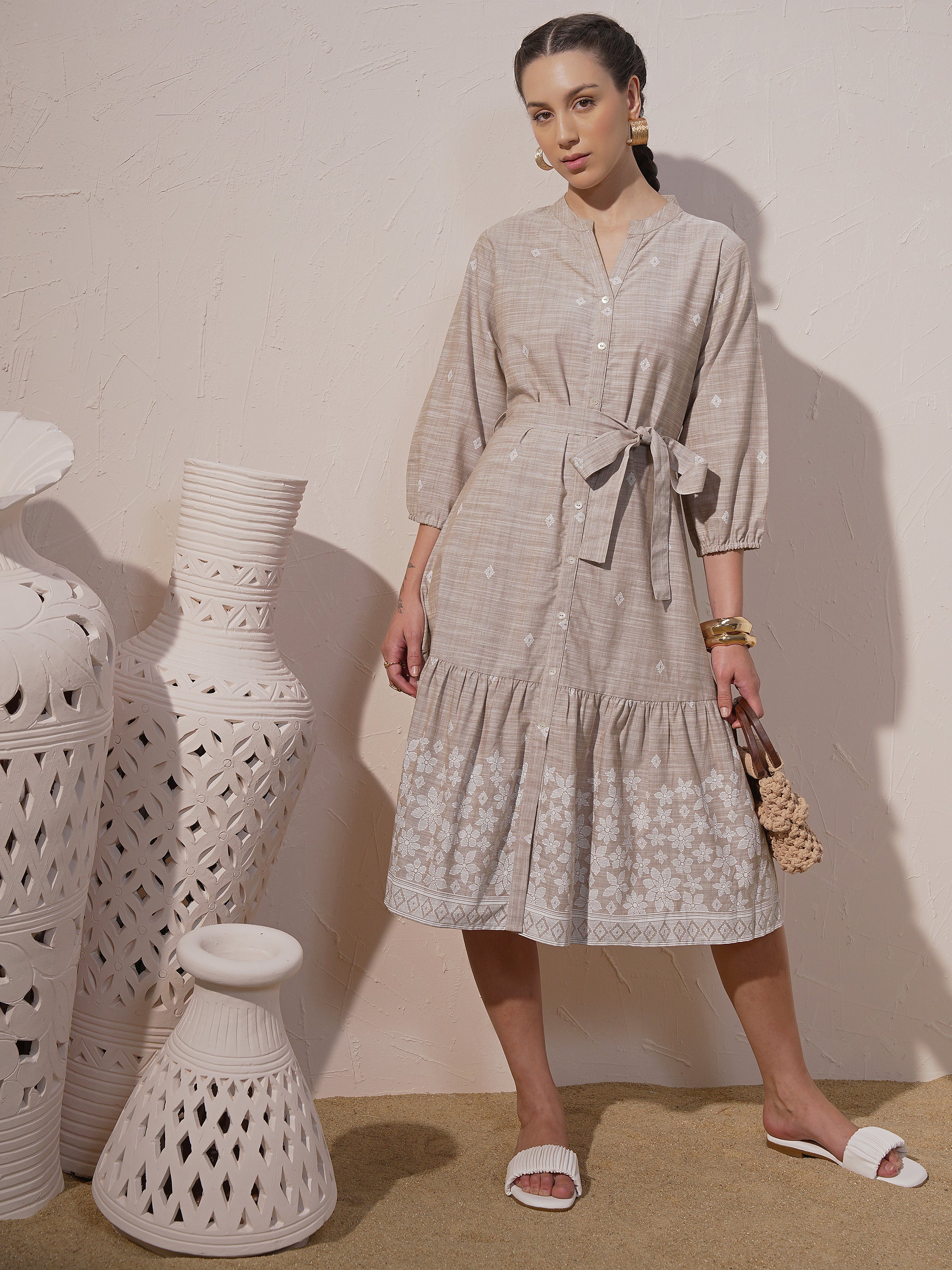 Vara By Vishudh Women Beige Printed Fit And Flare Dress - Beige - Image 1