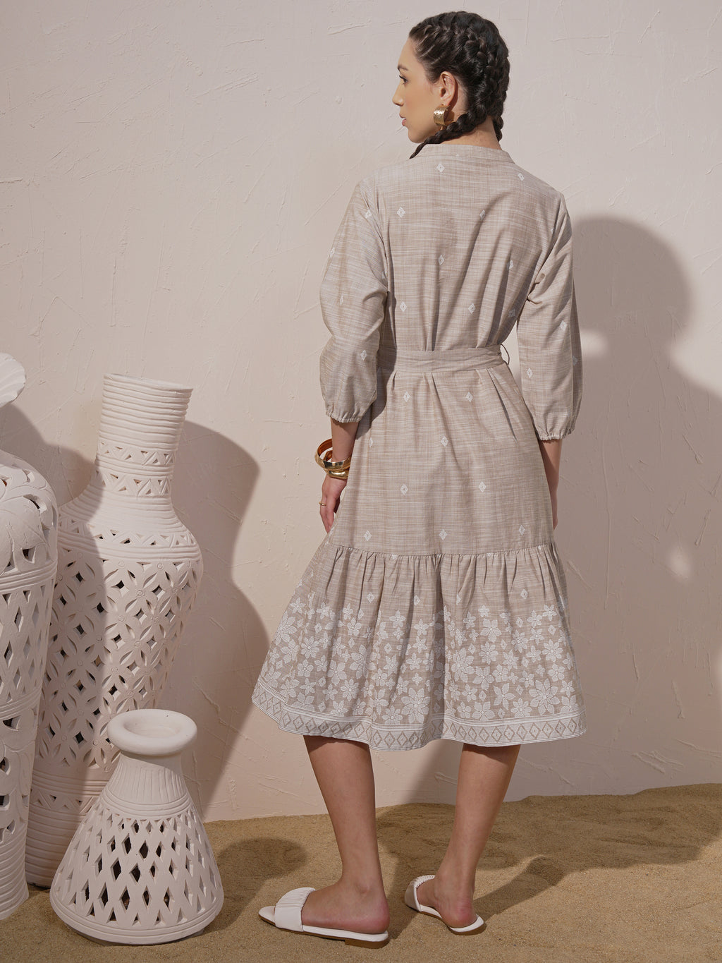 Vara By Vishudh Women Beige Printed Fit And Flare Dress - Beige - Image 3