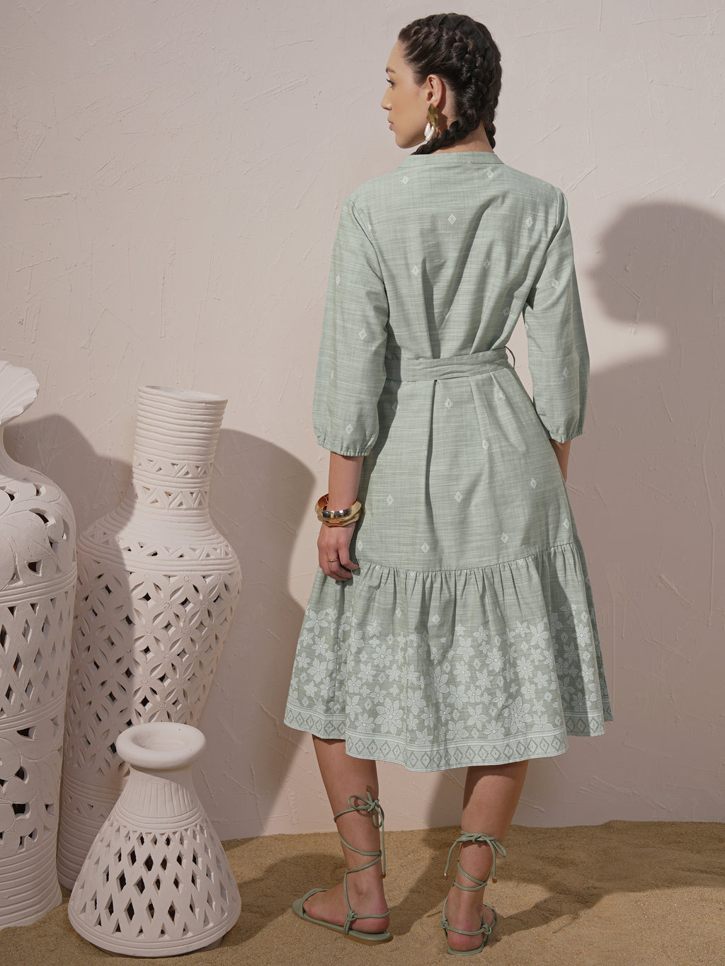 Vara By Vishudh Women Green Printed Fit And Flare Dress - Green - Image 3