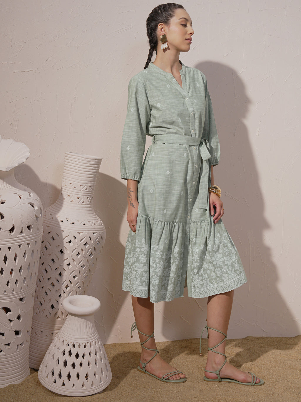 Vara By Vishudh Women Green Printed Fit And Flare Dress - Green - Image 4