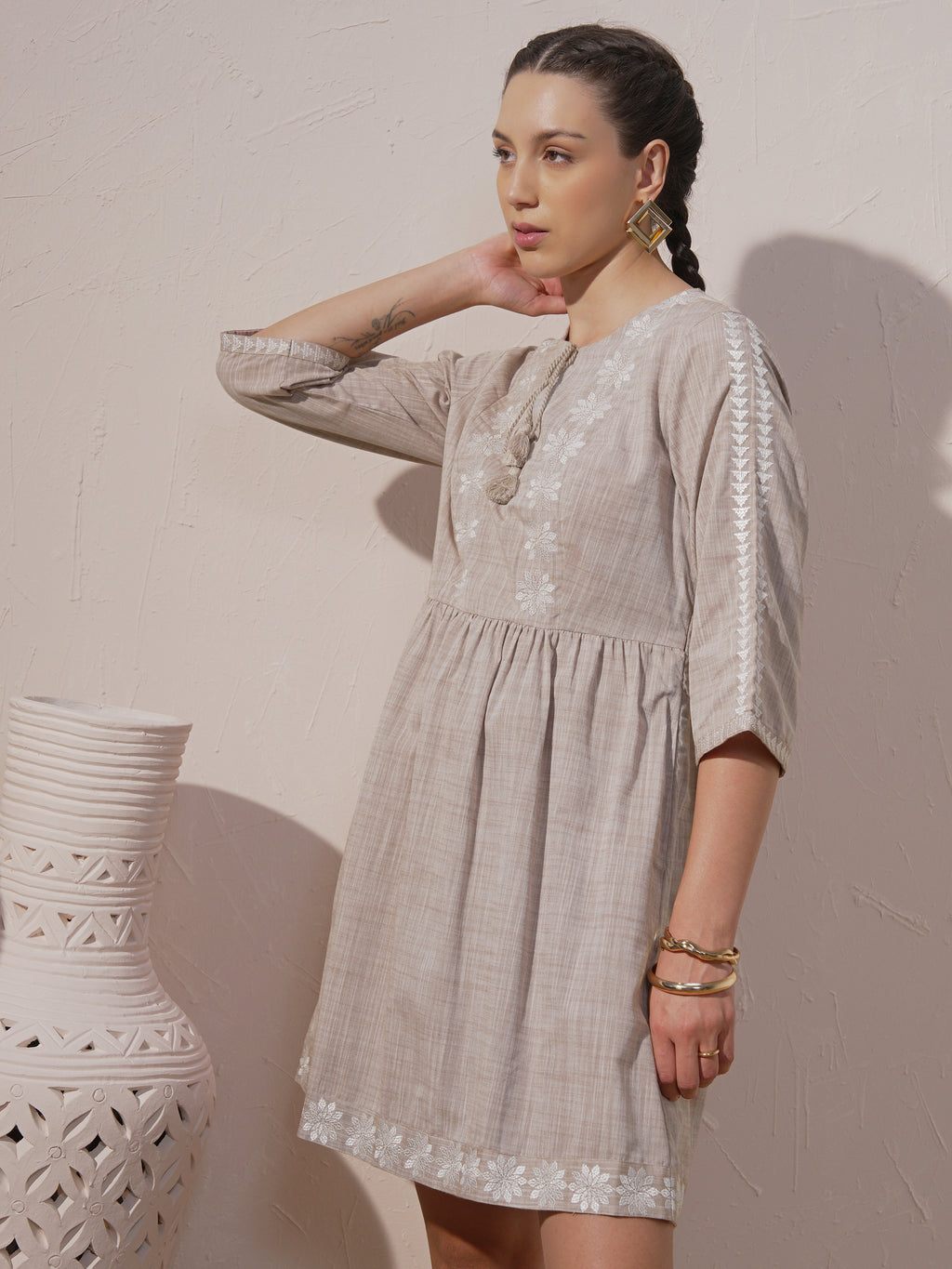 Vara By Vishudh Women Beige Embroidered A-Line Dress - Beige - Image 4