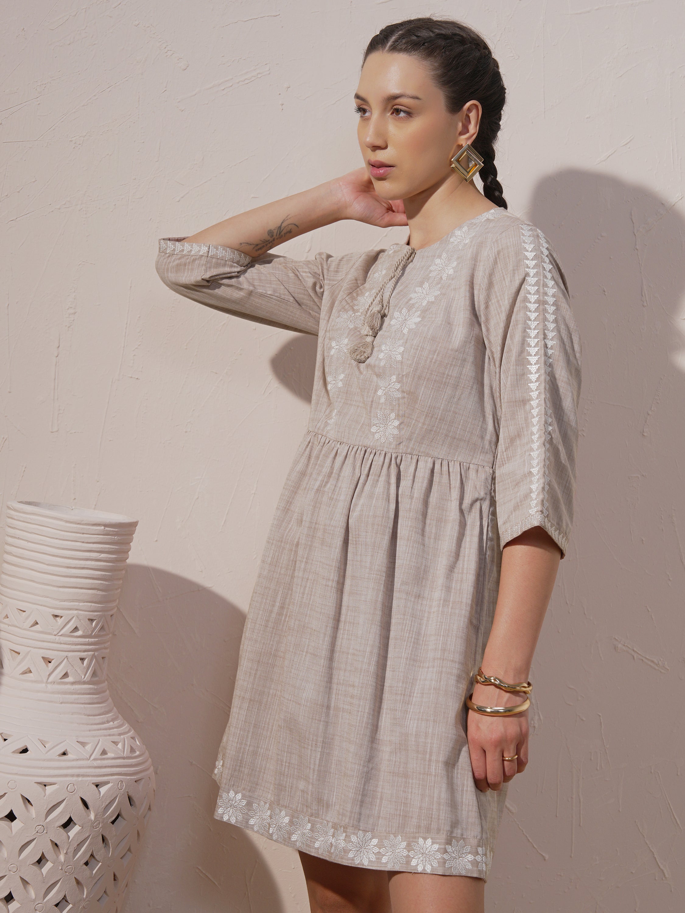 Vara By Vishudh Women Beige Embroidered A-Line Dress - Beige - Image 4