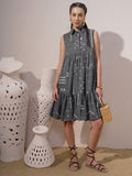 Vara By Vishudh Women Grey Printed Drop-Waist Dress - Grey - Image 1
