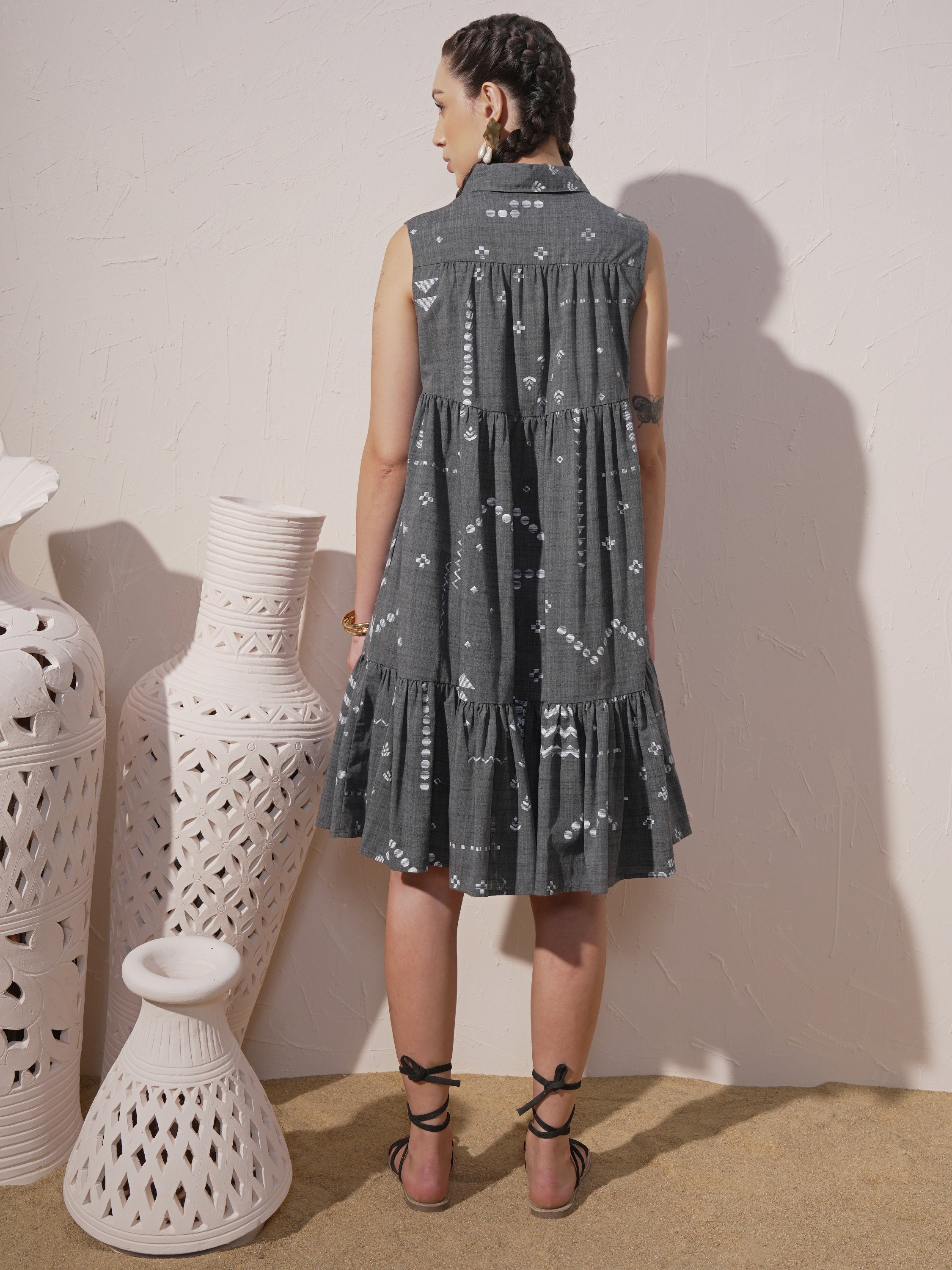 Vara By Vishudh Women Grey Printed Drop-Waist Dress - Grey - Image 3