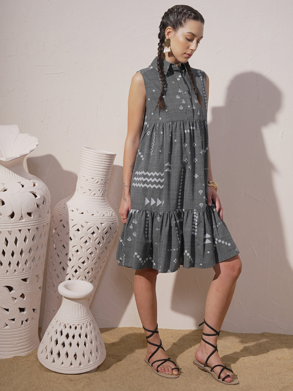 Vara By Vishudh Women Grey Printed Drop-Waist Dress - Grey - Image 4