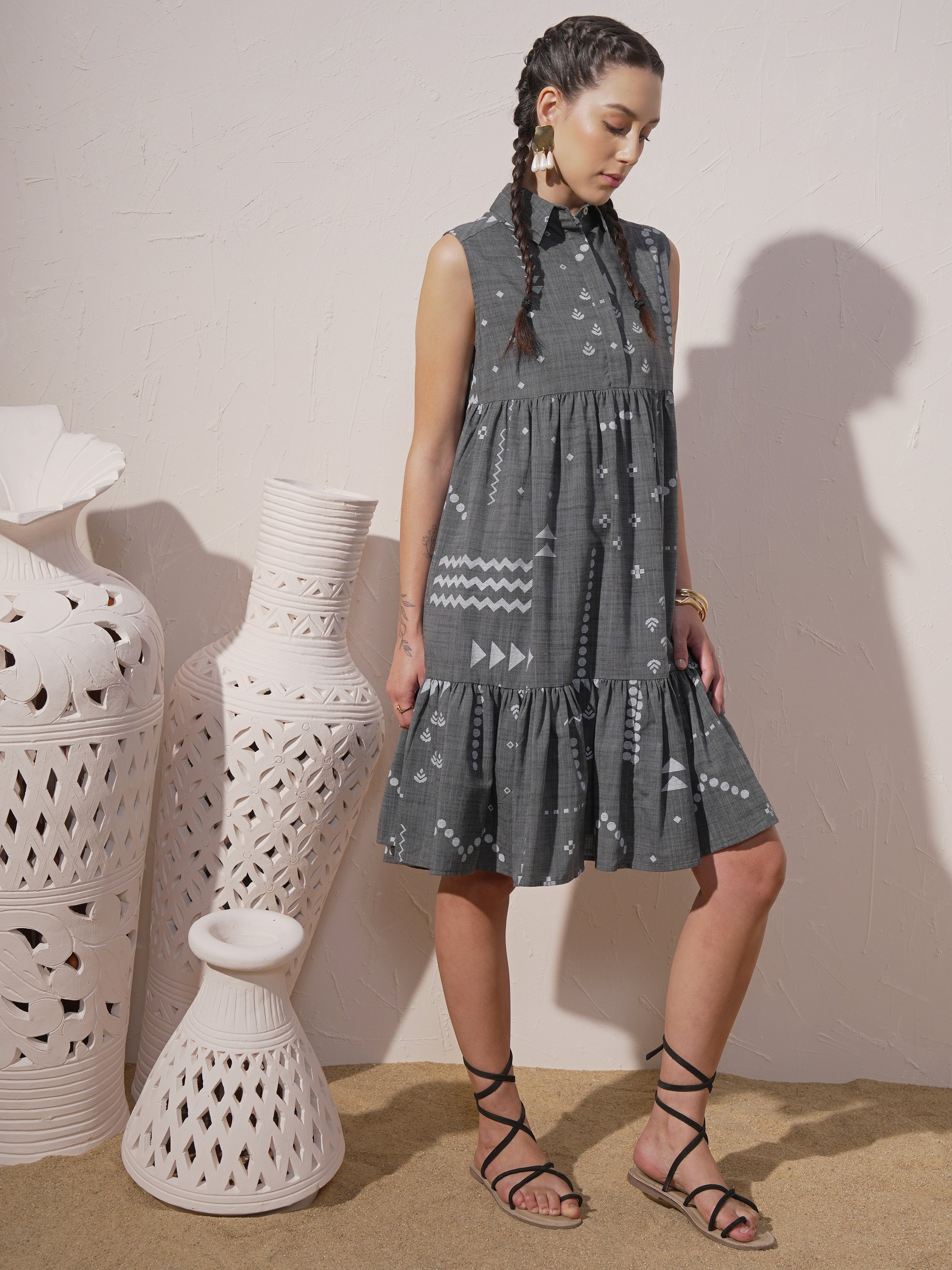 Vara By Vishudh Women Grey Printed Drop-Waist Dress - Grey - Image 4