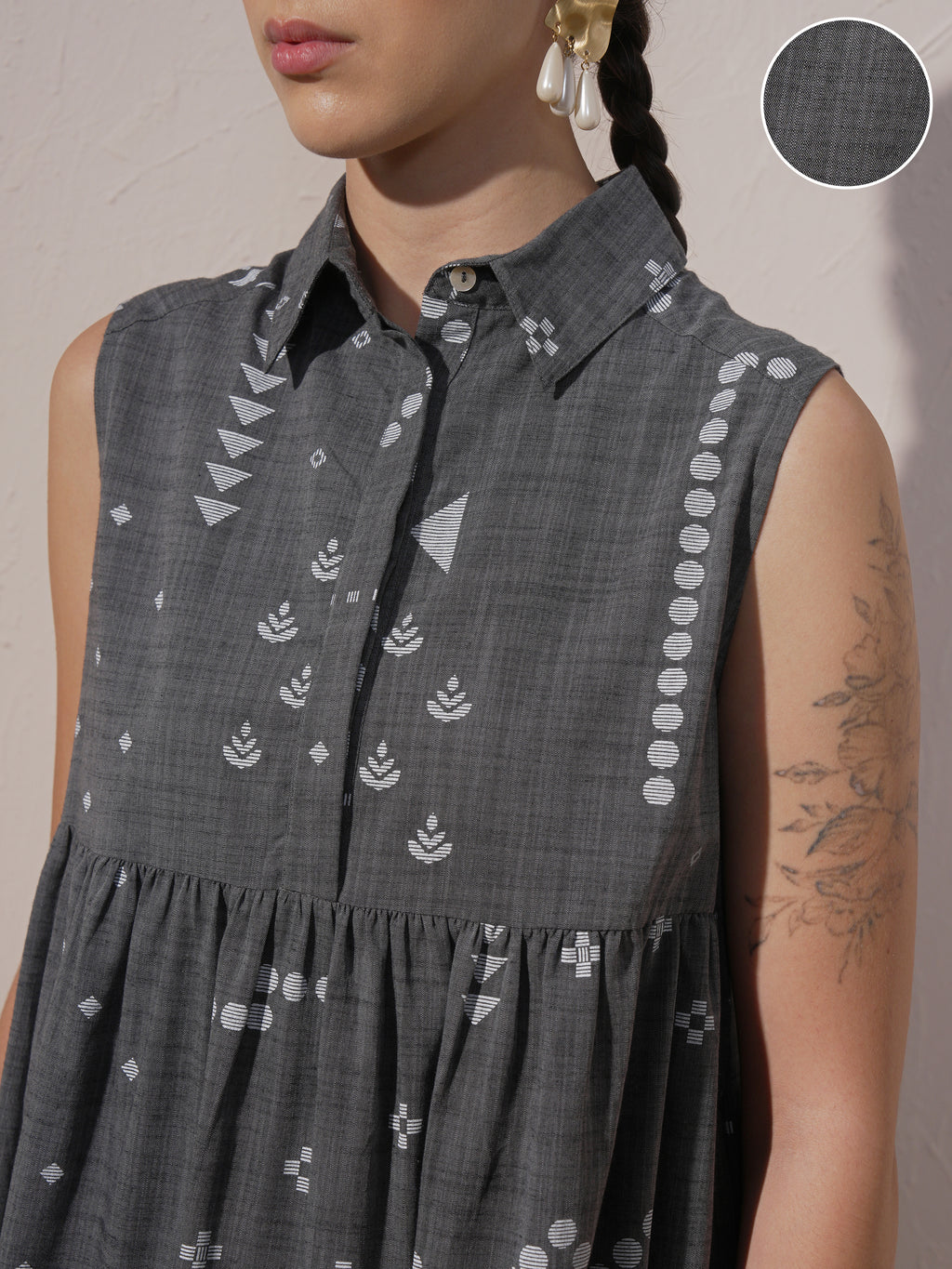Vara By Vishudh Women Grey Printed Drop-Waist Dress - Grey - Image 5
