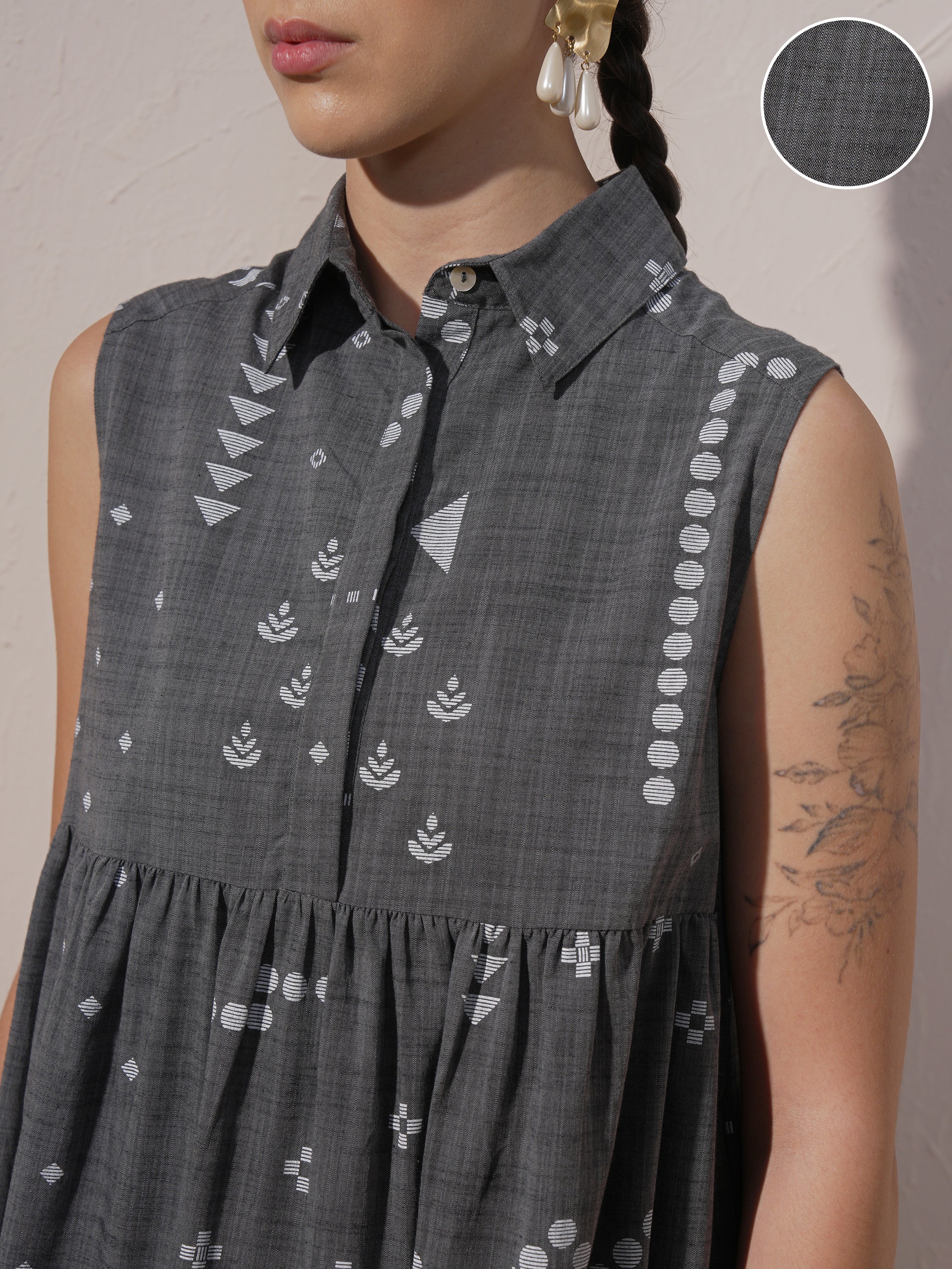 Vara By Vishudh Women Grey Printed Drop-Waist Dress - Grey - Image 5