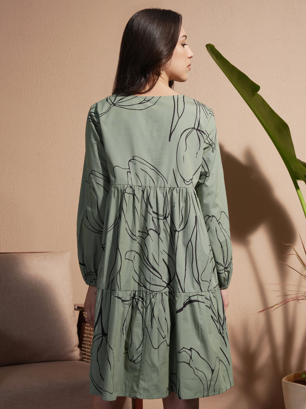 Vara By Vishudh Women Green Printed Drop-Waist Dress - Green - Image 3