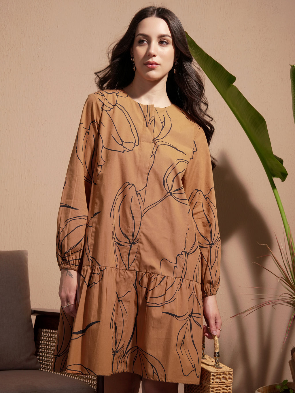 Vara By Vishudh Women Brown Printed Drop-Waist Dress - Brown - Image 1