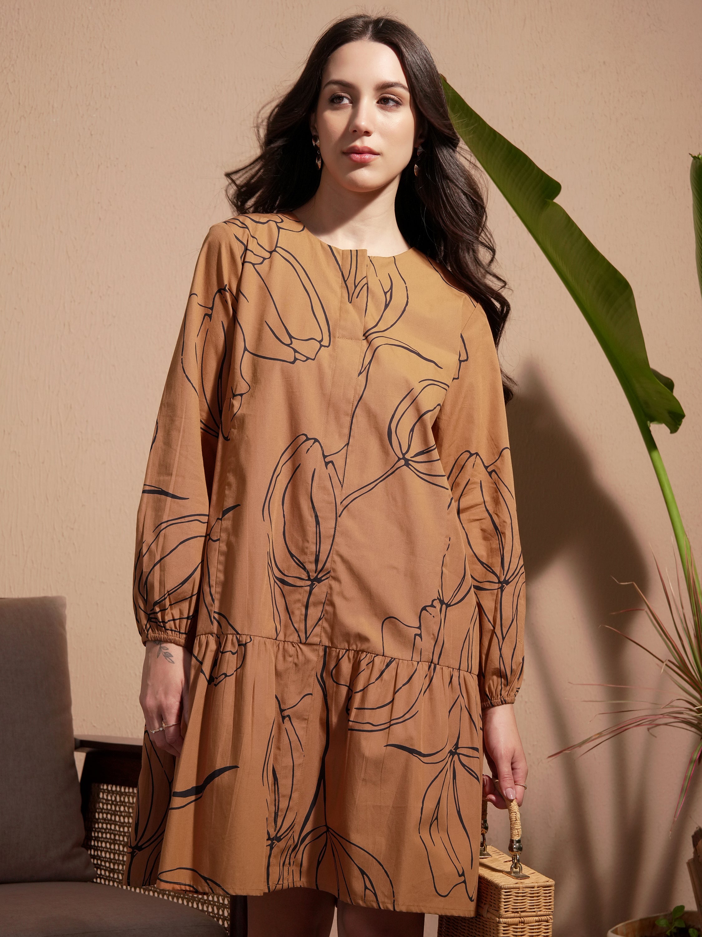 Vara By Vishudh Women Brown Printed Drop-Waist Dress - Brown - Image 1