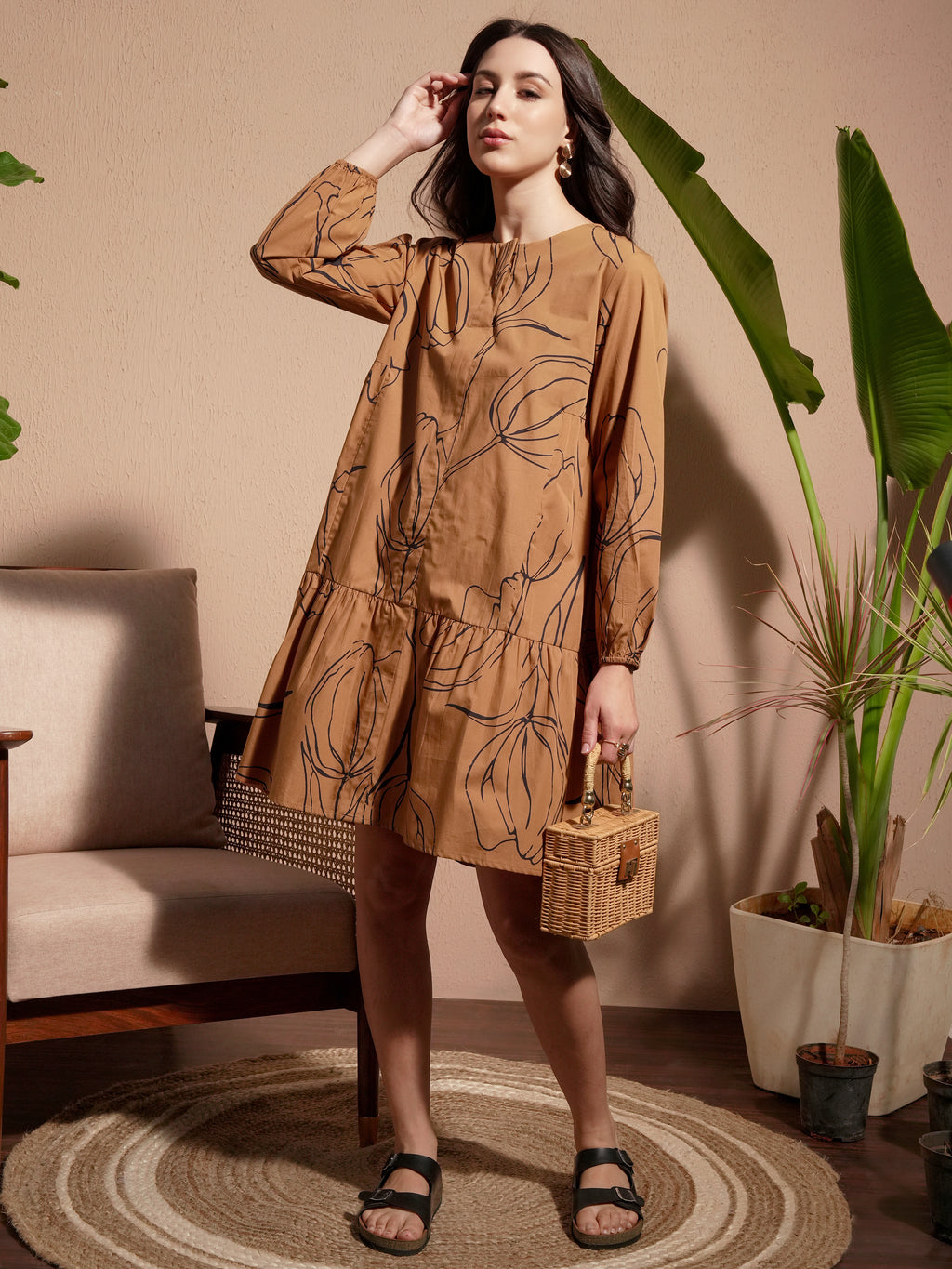 Vara By Vishudh Women Brown Printed Drop-Waist Dress - Brown - Image 2