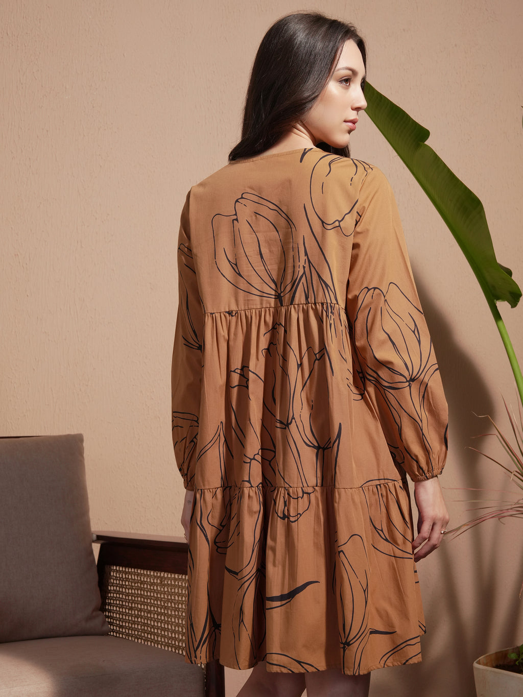 Vara By Vishudh Women Brown Printed Drop-Waist Dress - Brown - Image 3