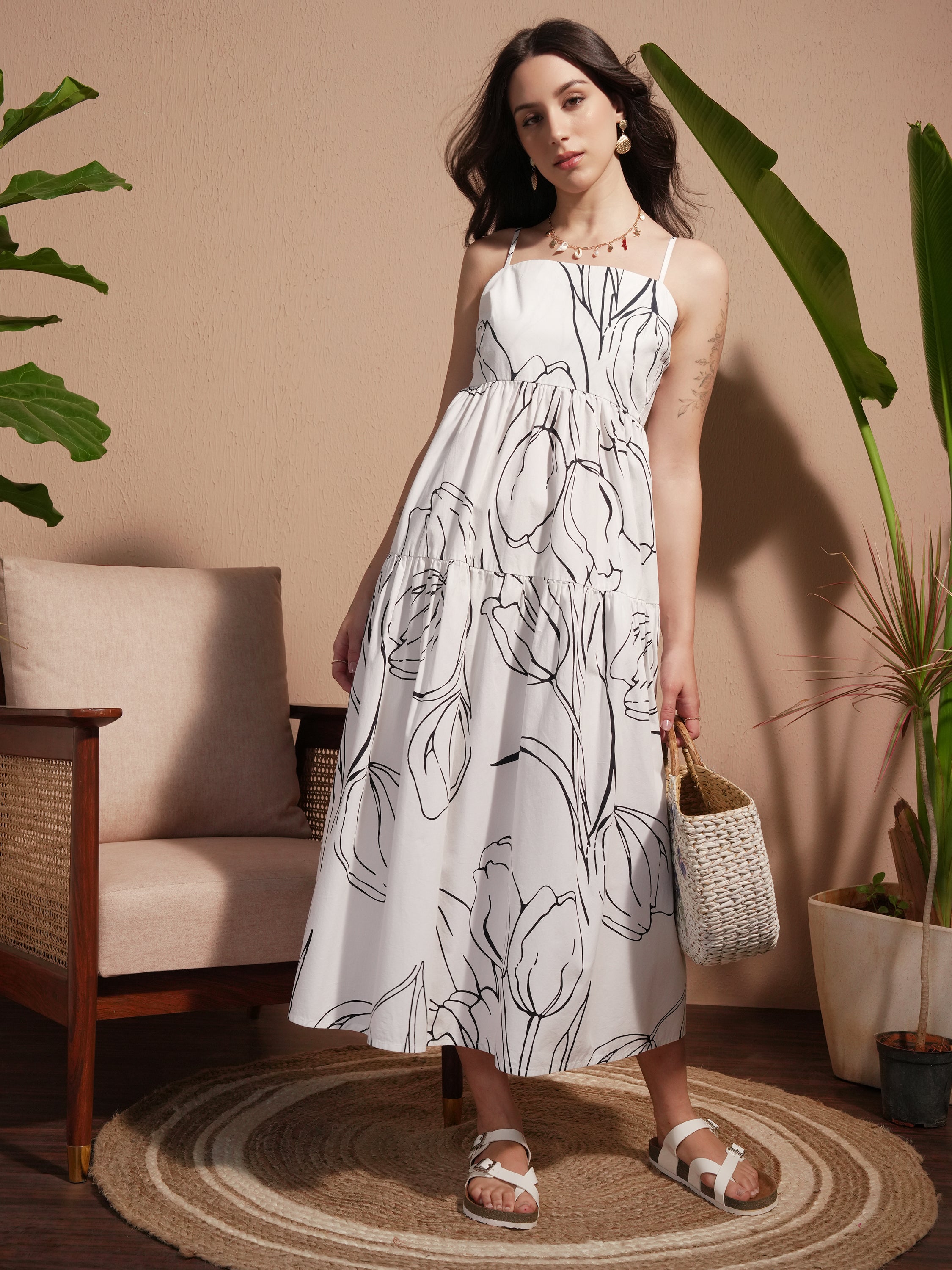Vara By Vishudh Women White Printed A-Line Dress - White - Image 1