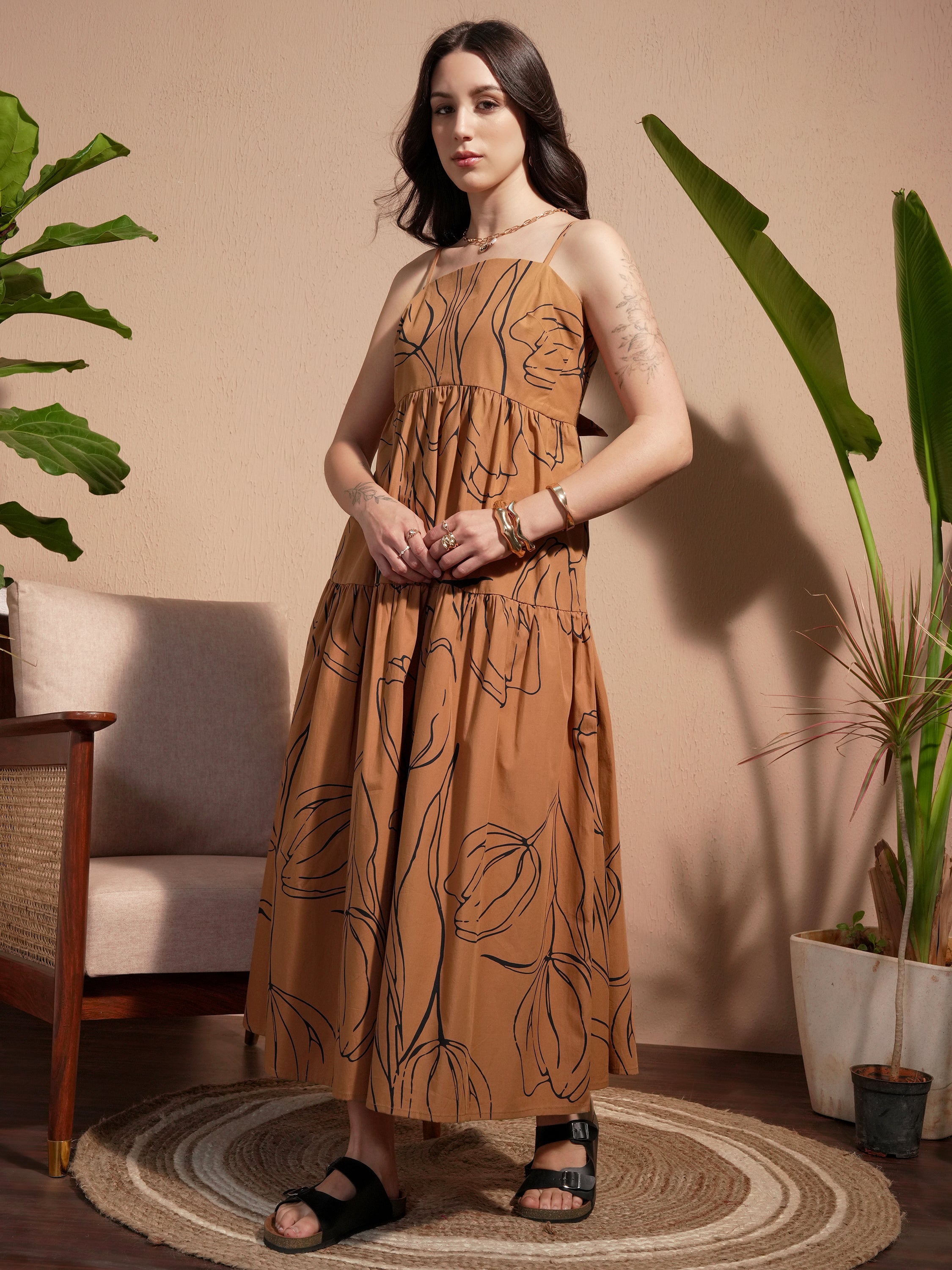 Vara By Vishudh Women Brown Printed A-Line Dress - Brown - Image 2