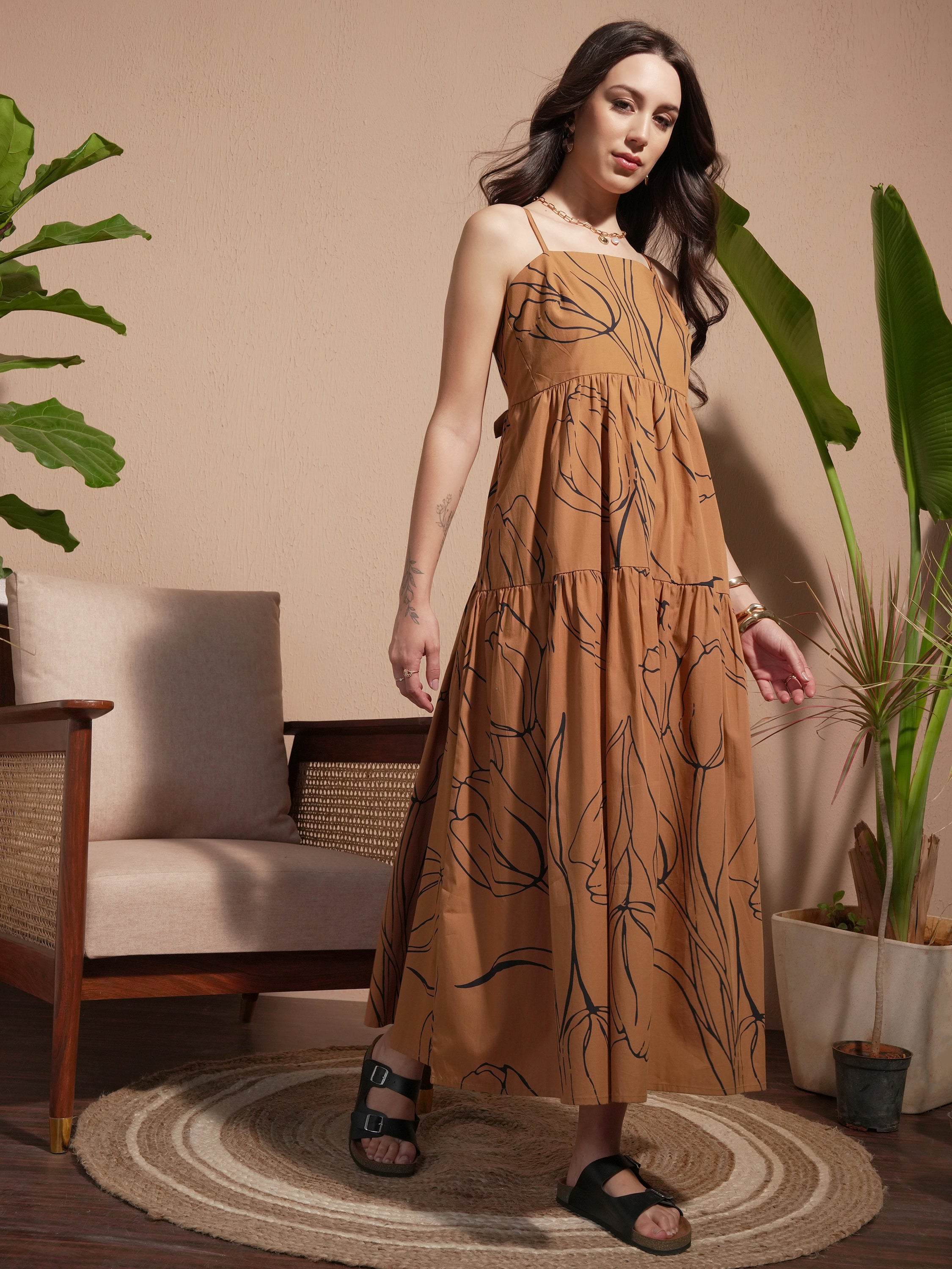 Vara By Vishudh Women Brown Printed A-Line Dress - Brown - Image 4
