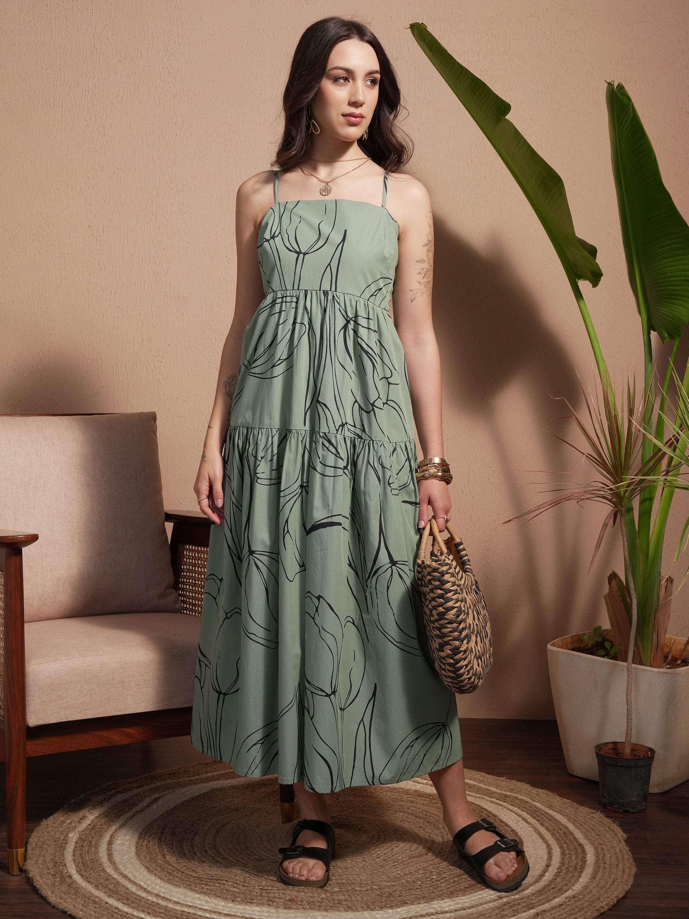 Vara By Vishudh Women Green Printed A-Line Dress - Green - Image 1