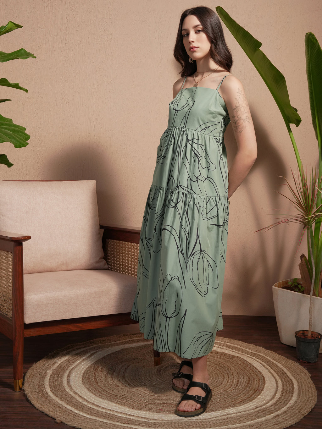 Vara By Vishudh Women Green Printed A-Line Dress - Green - Image 2