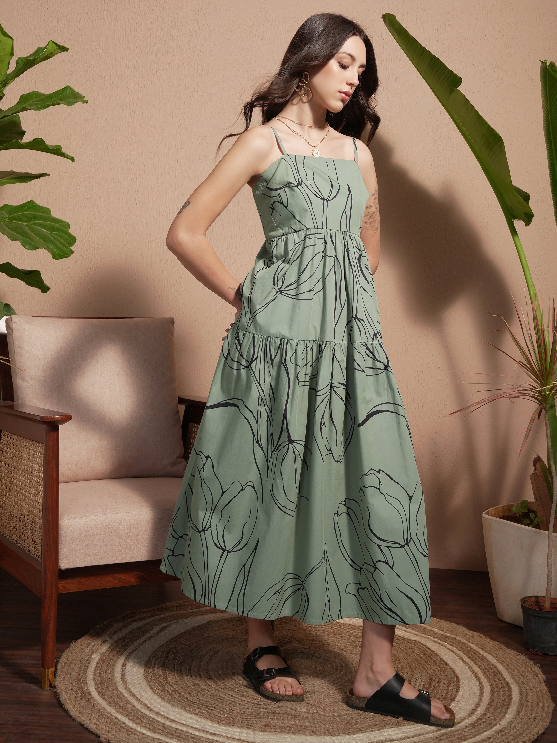 Vara By Vishudh Women Green Printed A-Line Dress - Green - Image 4