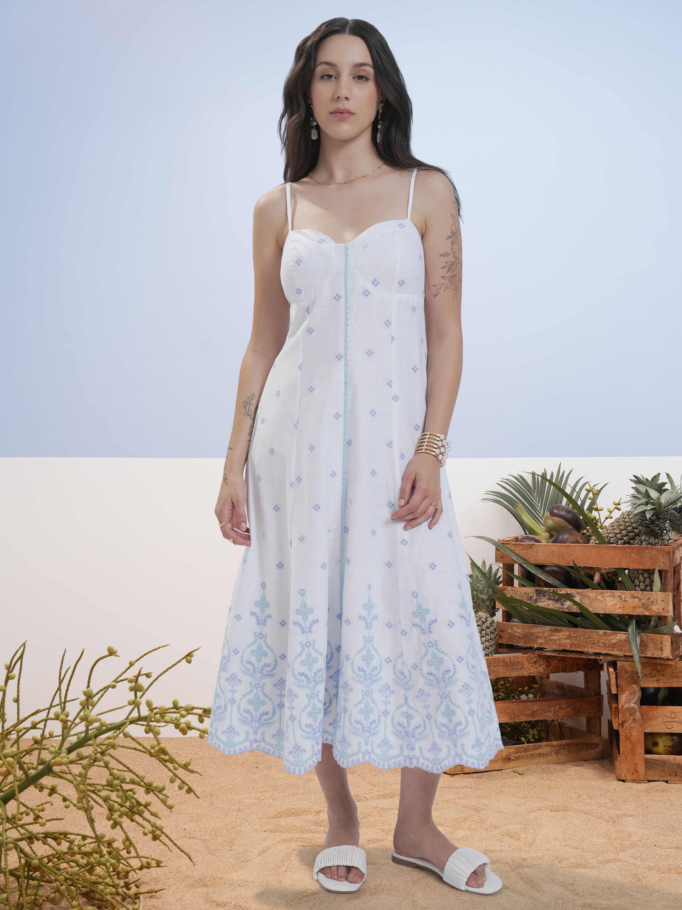 Vara By Vishudh Women White Embroidered A-Line Dress - White - Image 1
