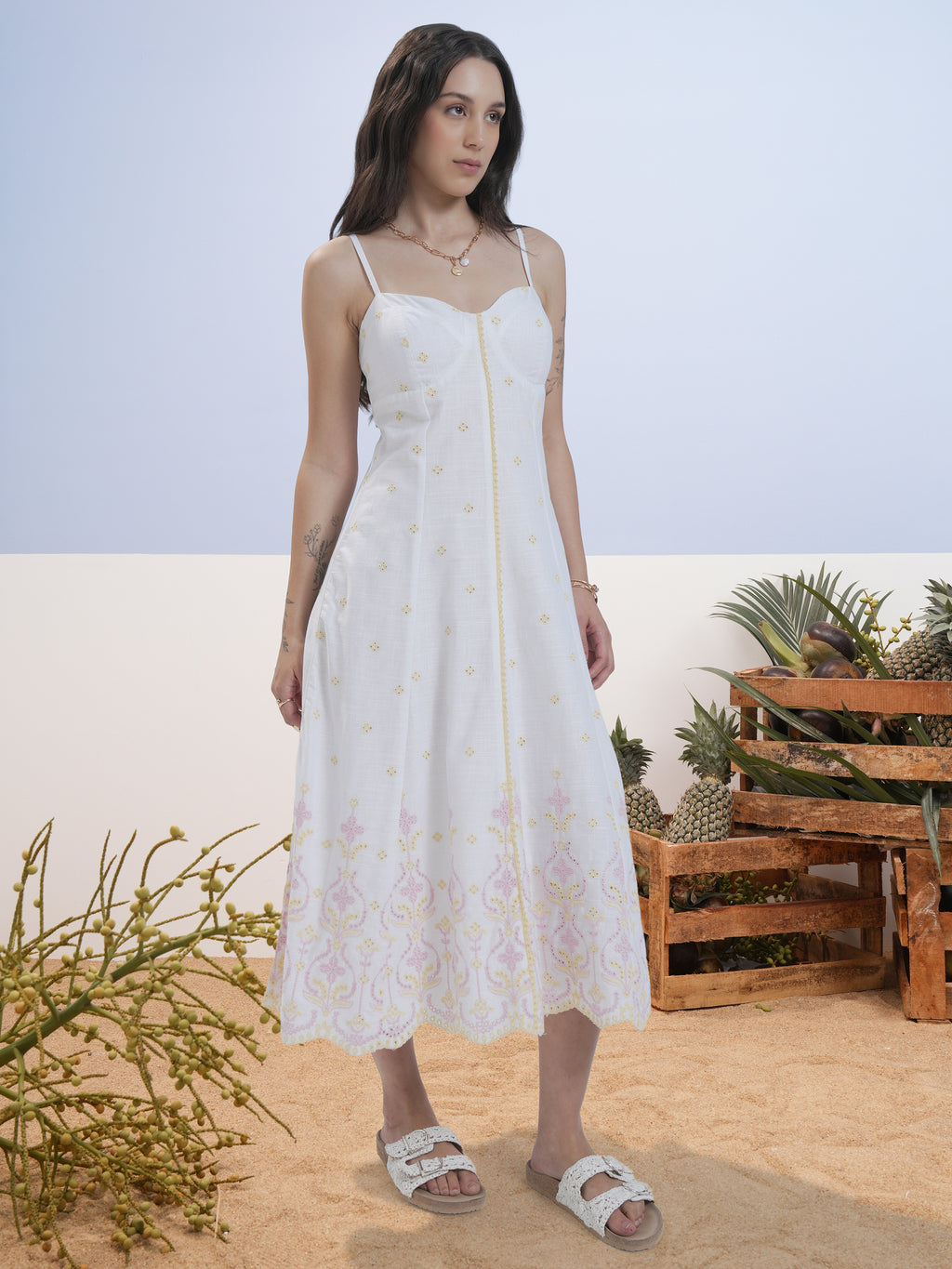 Vara By Vishudh Women White Embroidered A-Line Dress - White - Image 4