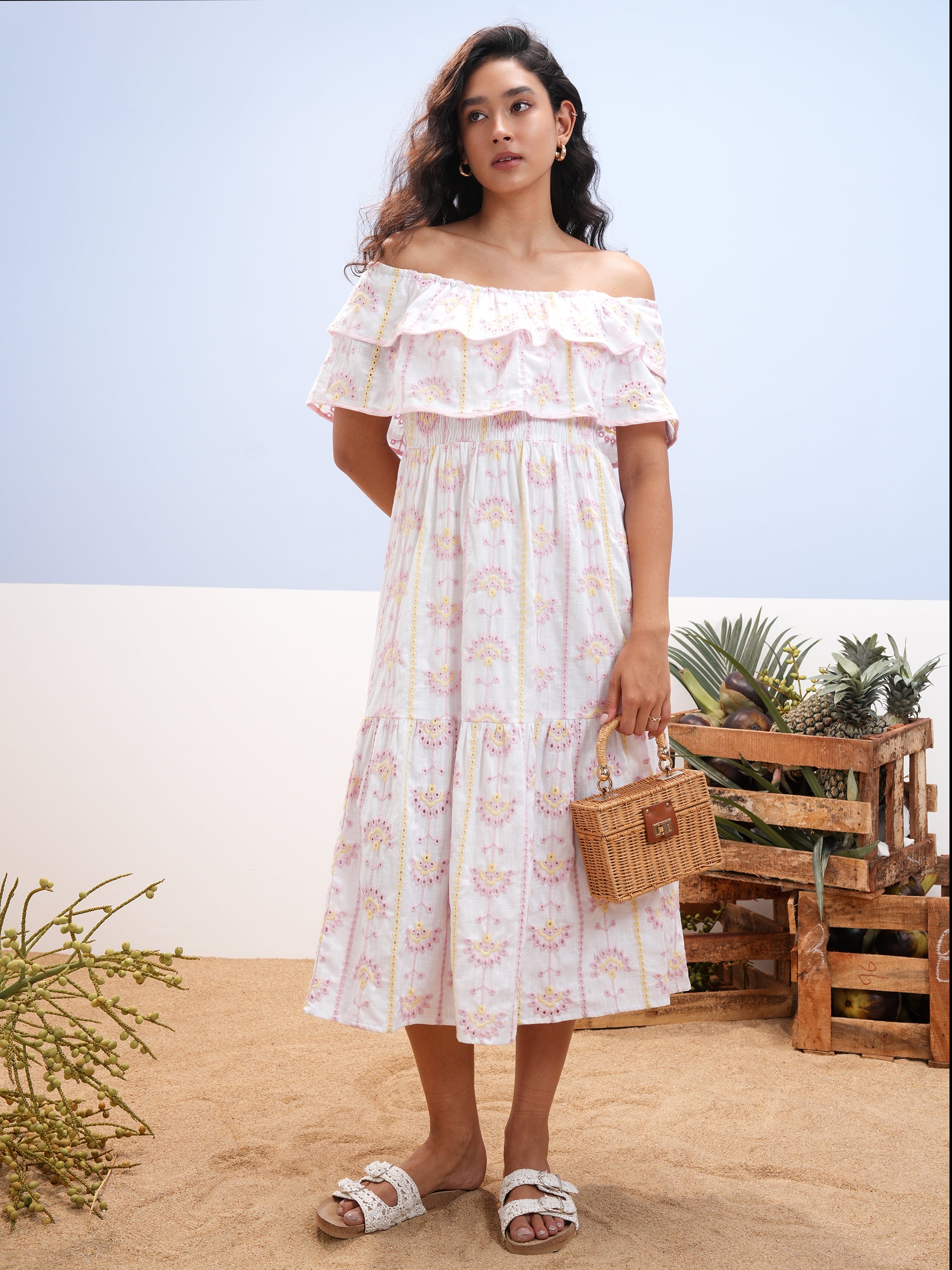 Vara By Vishudh Women White Embroidered Fit And Flare Dress - White - Image 1