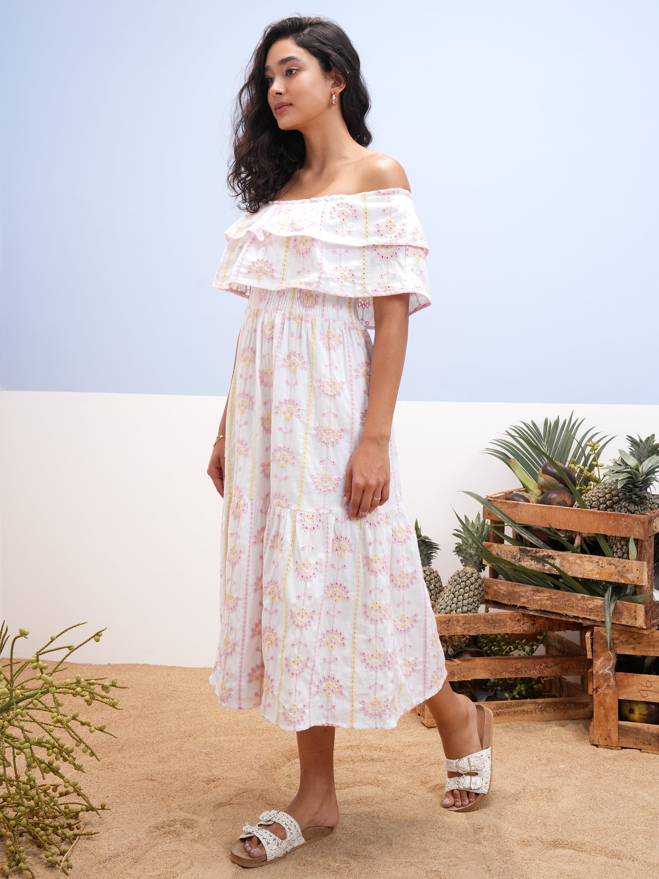 Vara By Vishudh Women White Embroidered Fit And Flare Dress - White - Image 2