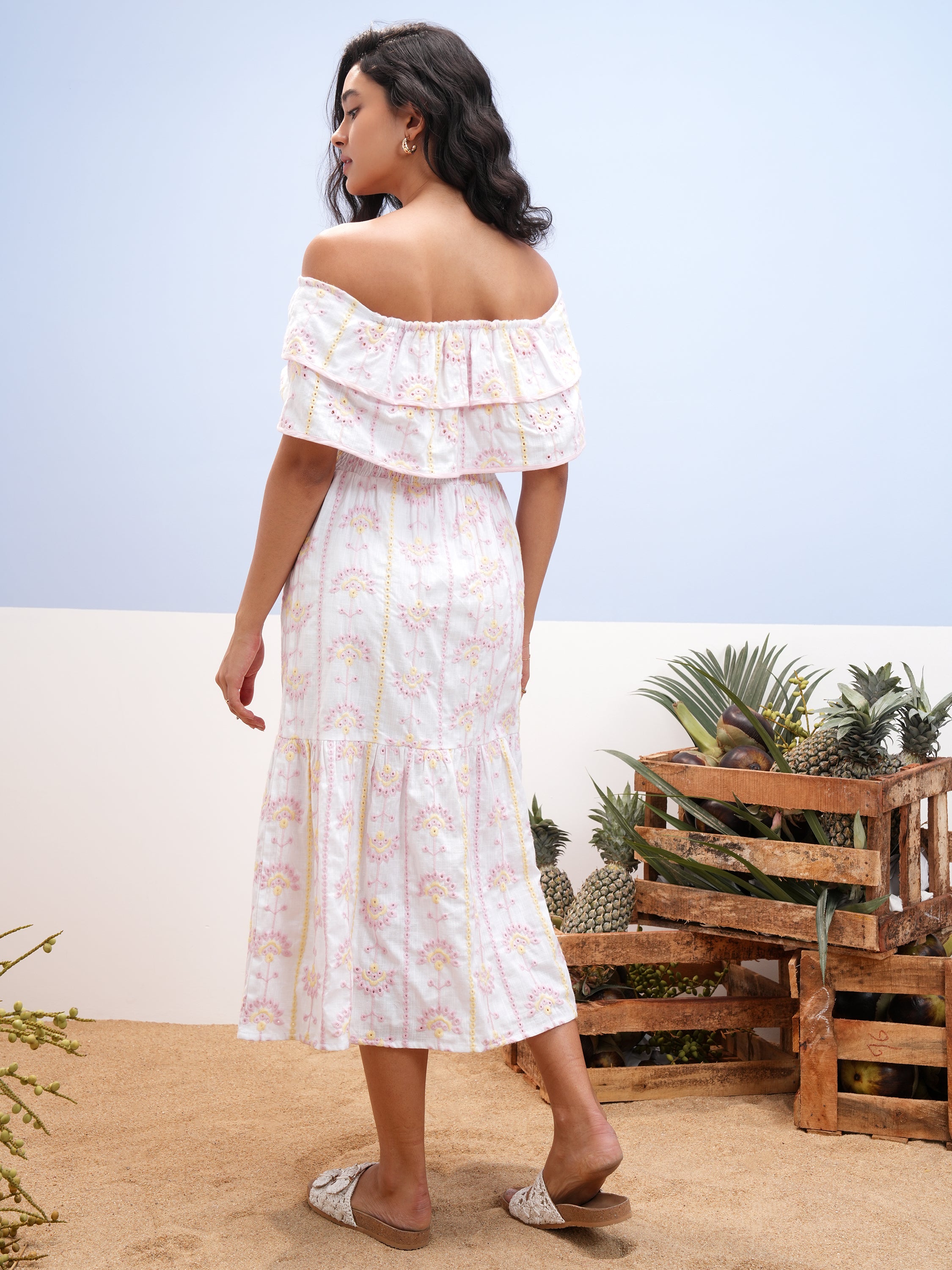 Vara By Vishudh Women White Embroidered Fit And Flare Dress - White - Image 3