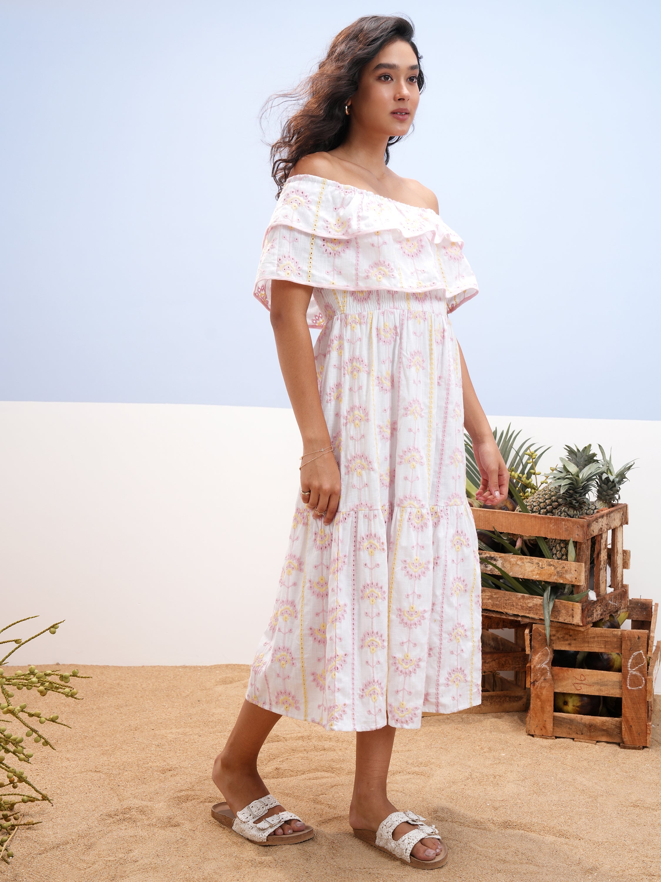 Vara By Vishudh Women White Embroidered Fit And Flare Dress - White - Image 4