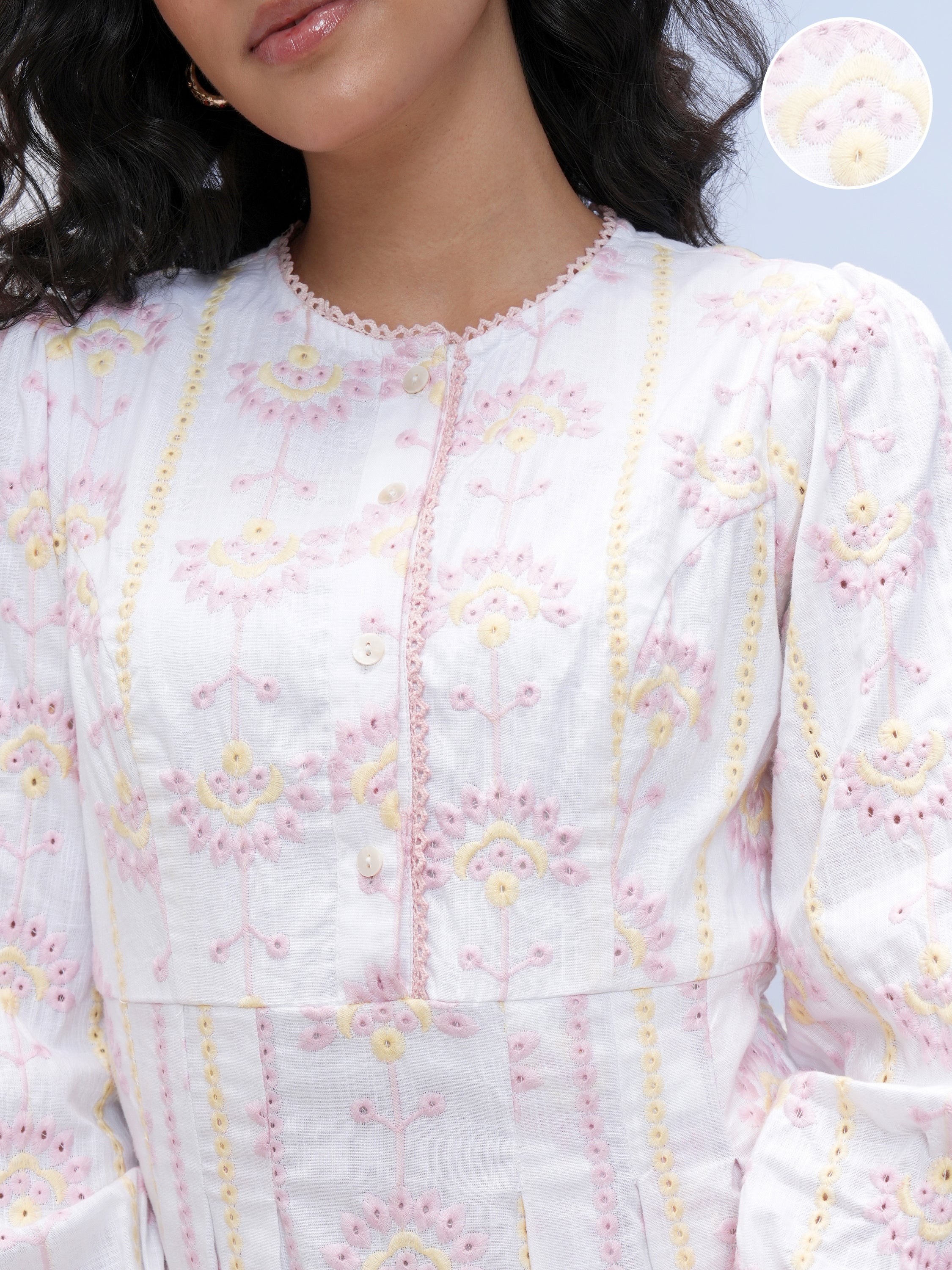 Vara By Vishudh Women White Embroidered A-Line Dress - White - Image 5