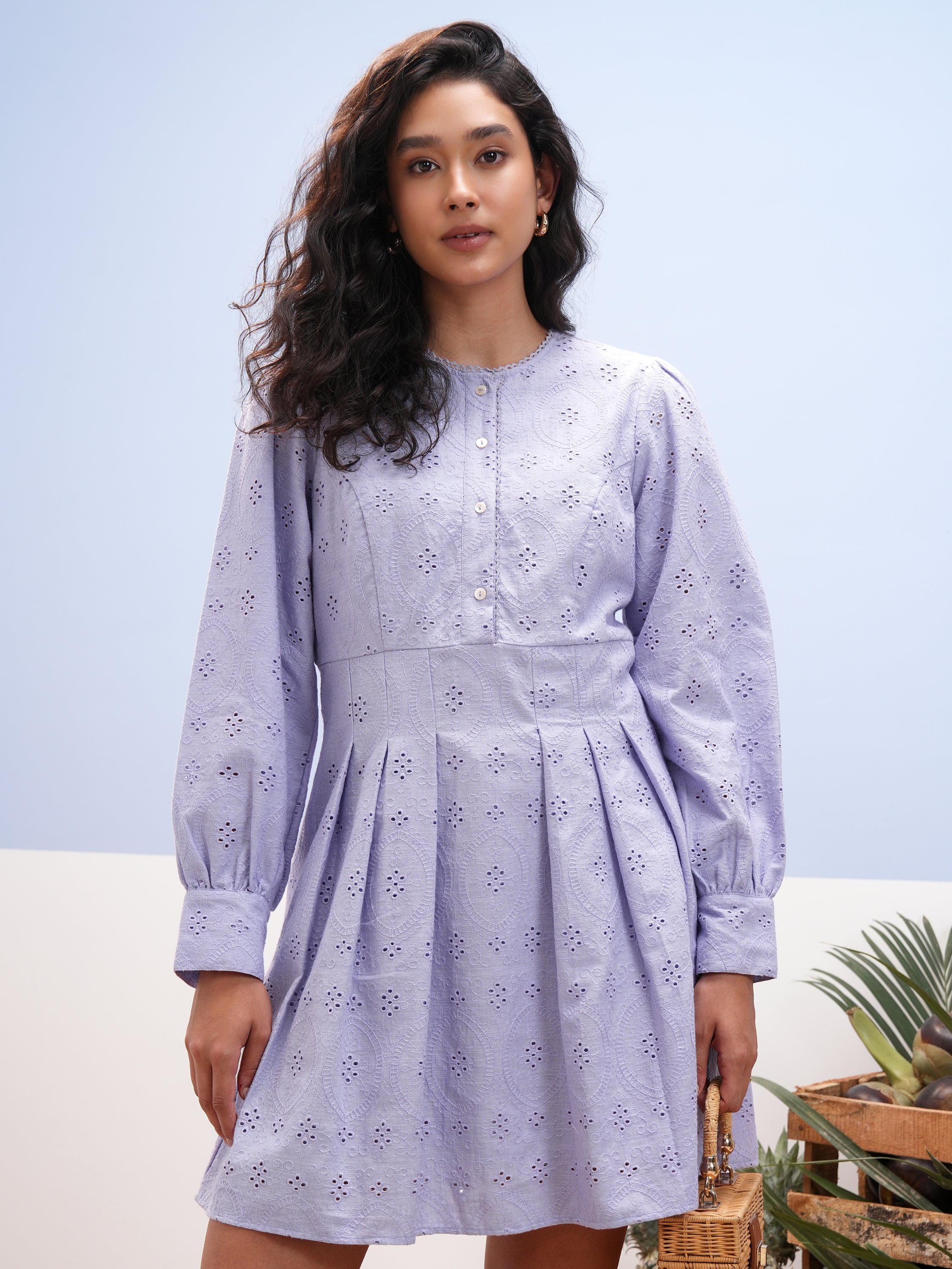 Vara By Vishudh Women Lavender Embroidered A-Line Dress - Lavender - Image 1