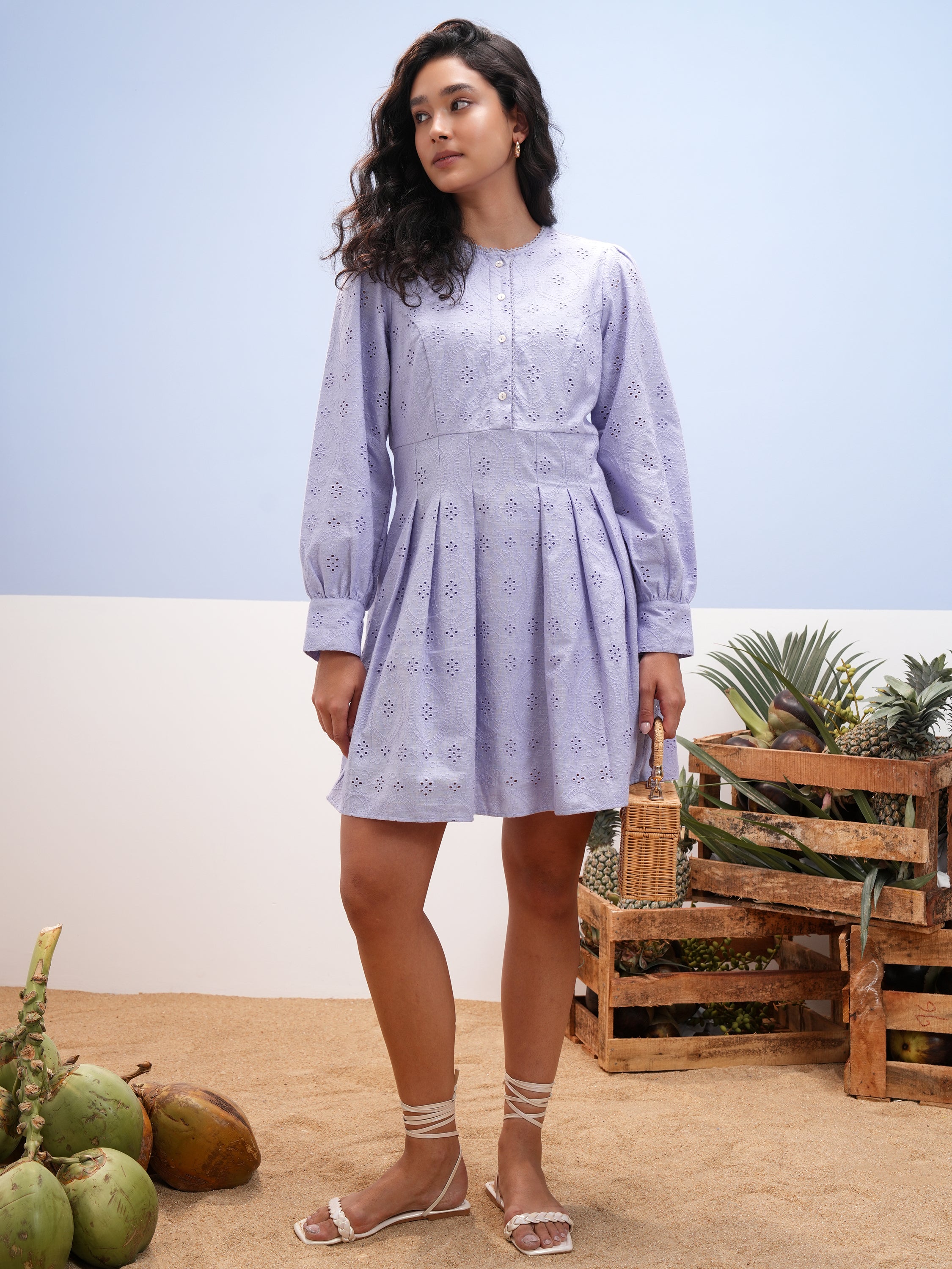 Vara By Vishudh Women Lavender Embroidered A-Line Dress - Lavender - Image 2