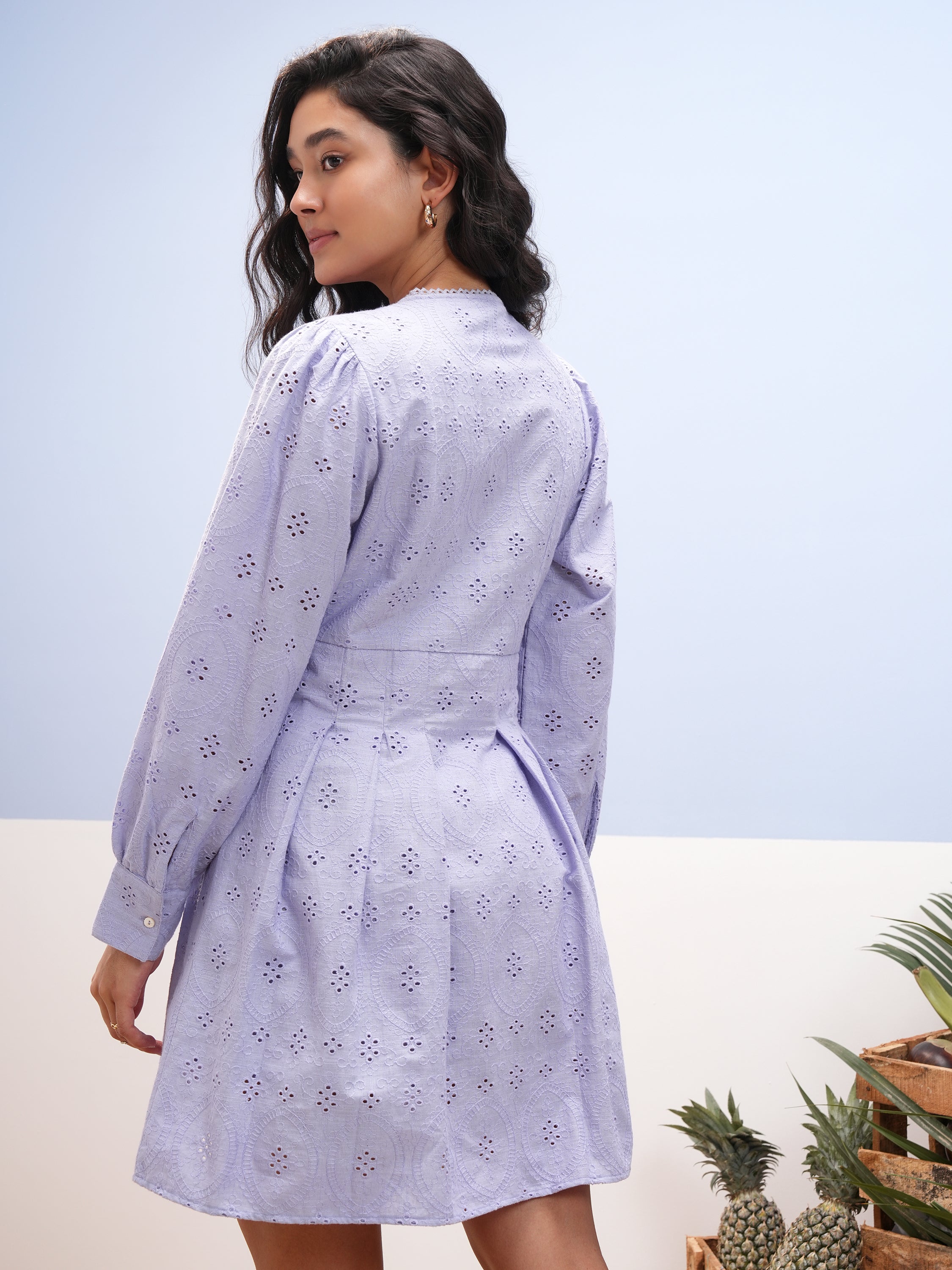 Vara By Vishudh Women Lavender Embroidered A-Line Dress - Lavender - Image 3