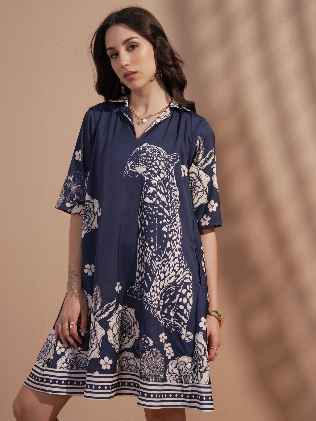 Vara By Vishudh Women Navy Blue Printed A-Line Dress
