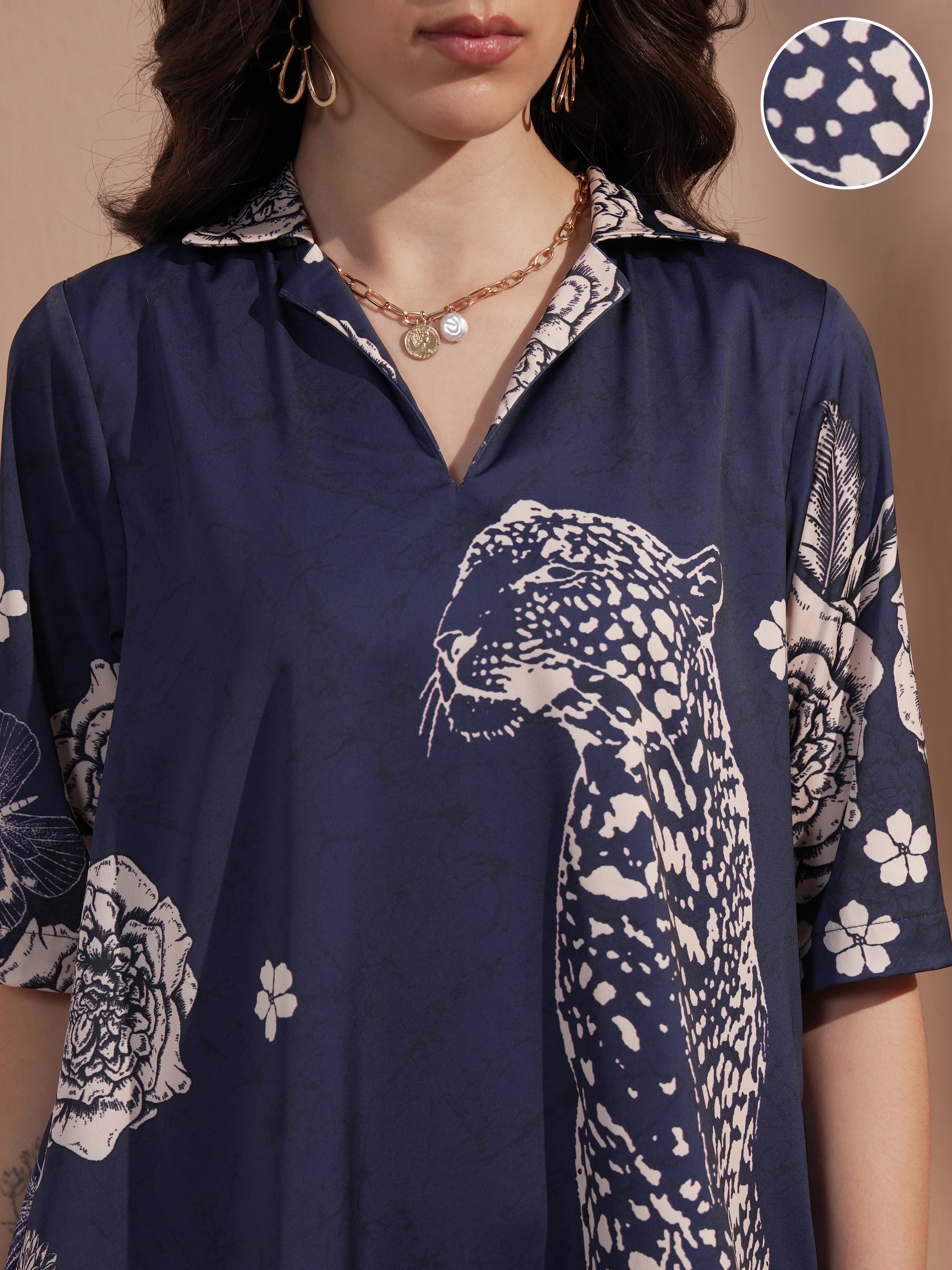 Vara By Vishudh Women Navy Blue Printed A-Line Dress