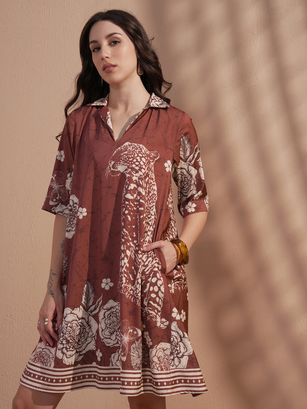 Vara By Vishudh Women Brown Printed A-Line Dress