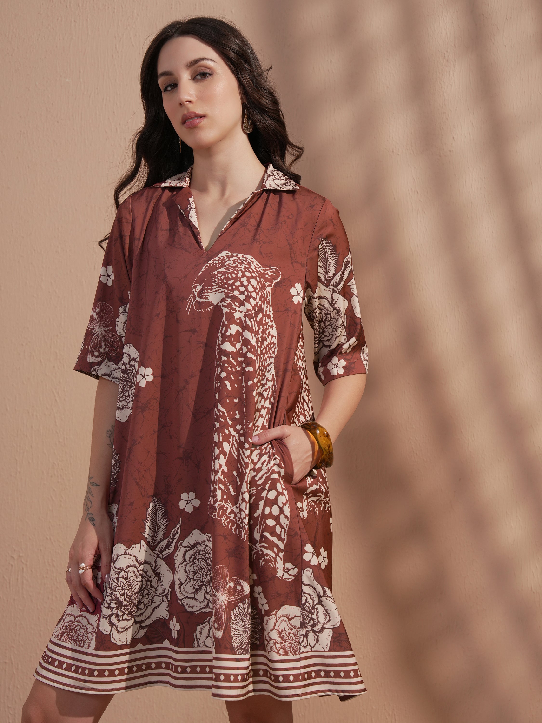 Vara By Vishudh Women Brown Printed A-Line Dress