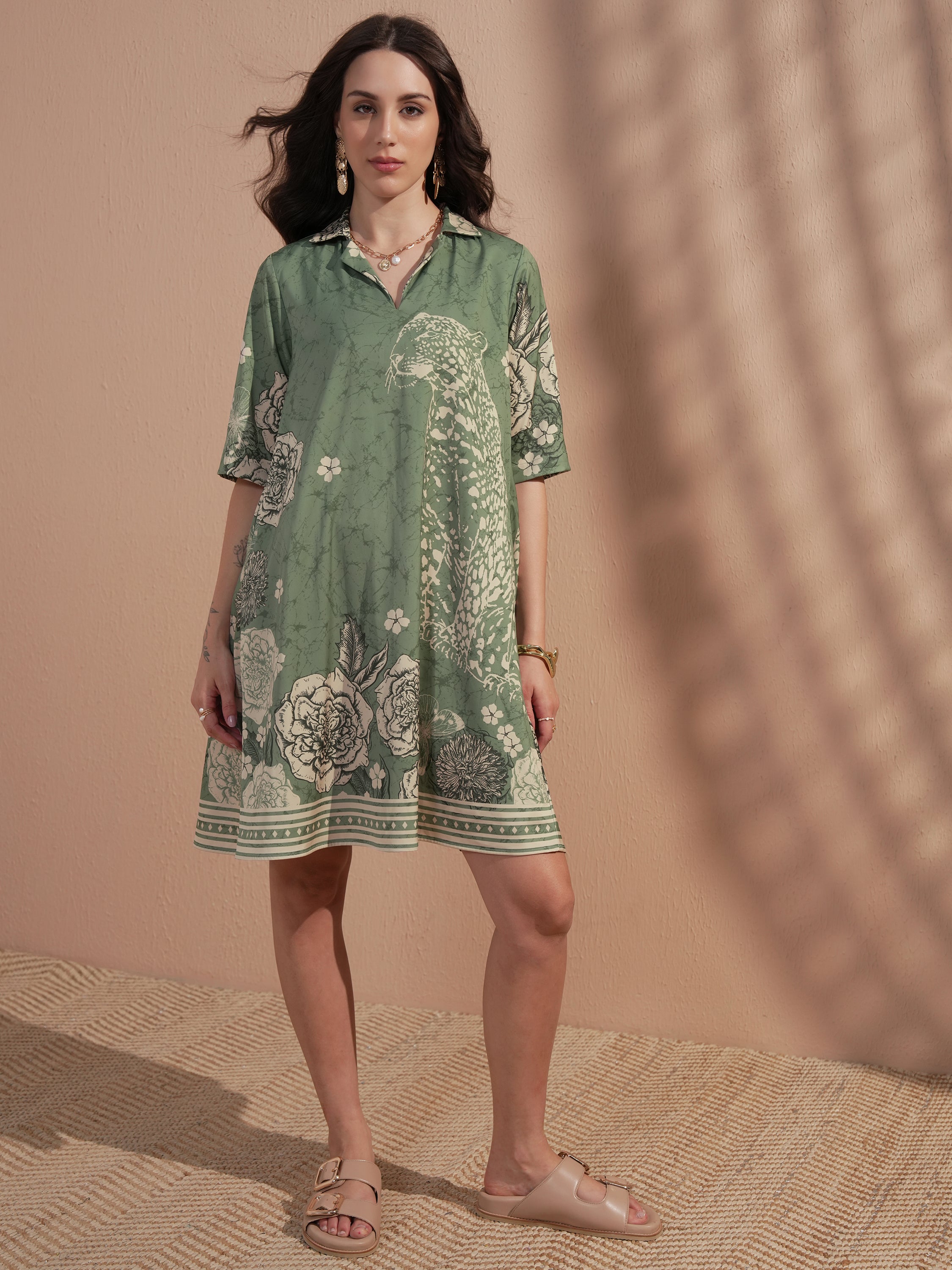 Vara By Vishudh Women Green Printed A-Line Dress