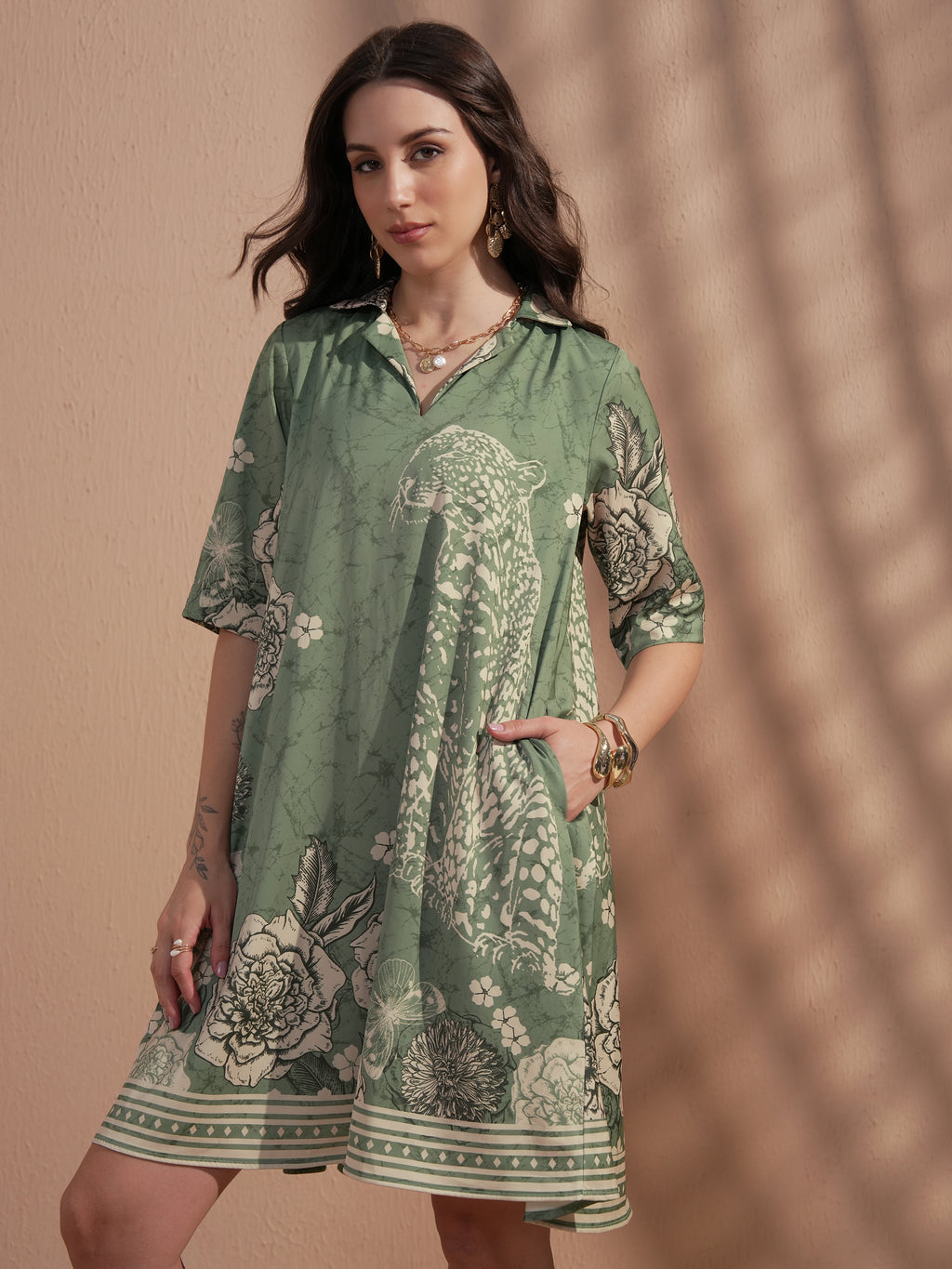 Vara By Vishudh Women Green Printed A-Line Dress