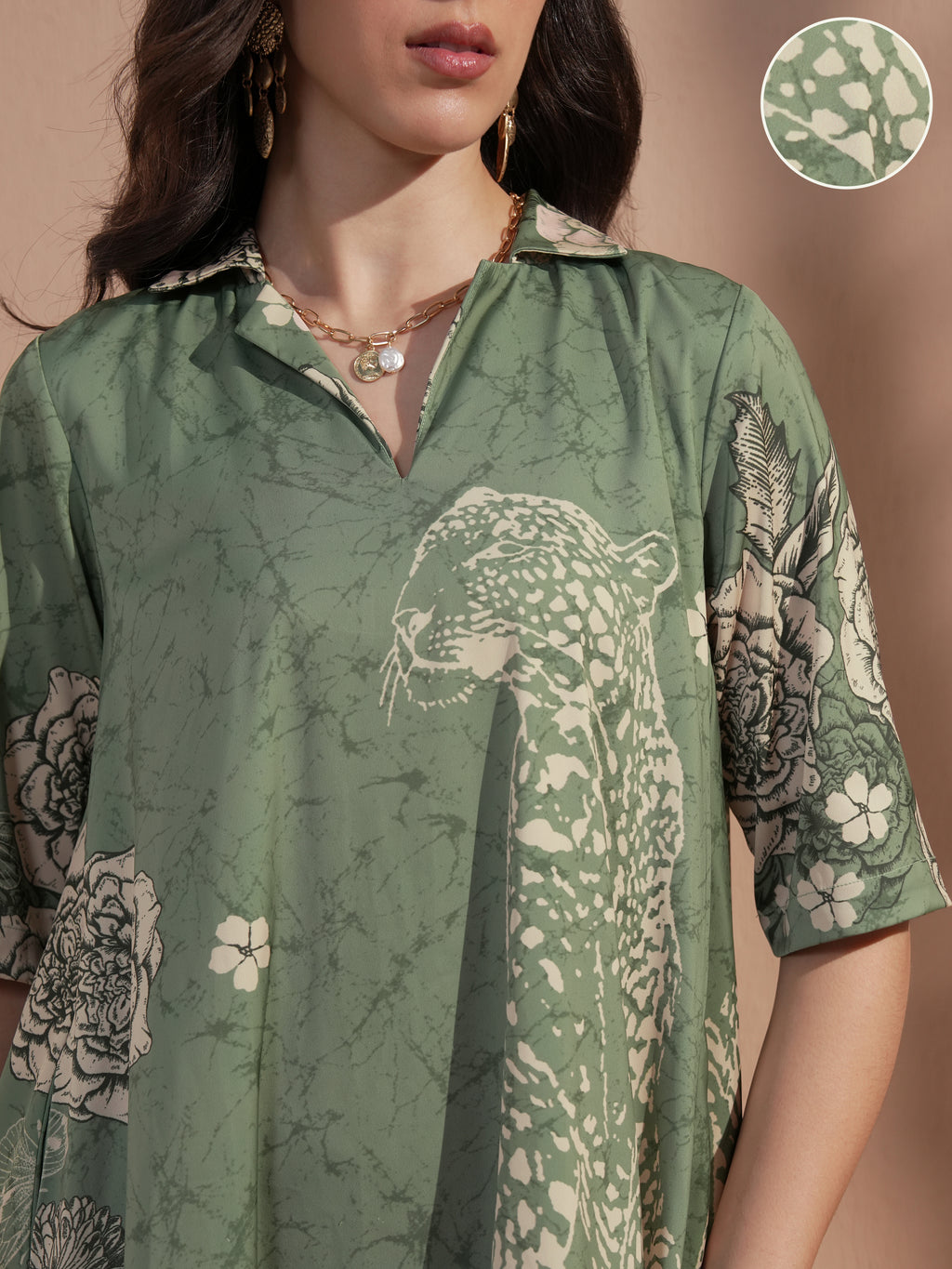 Vara By Vishudh Women Green Printed A-Line Dress