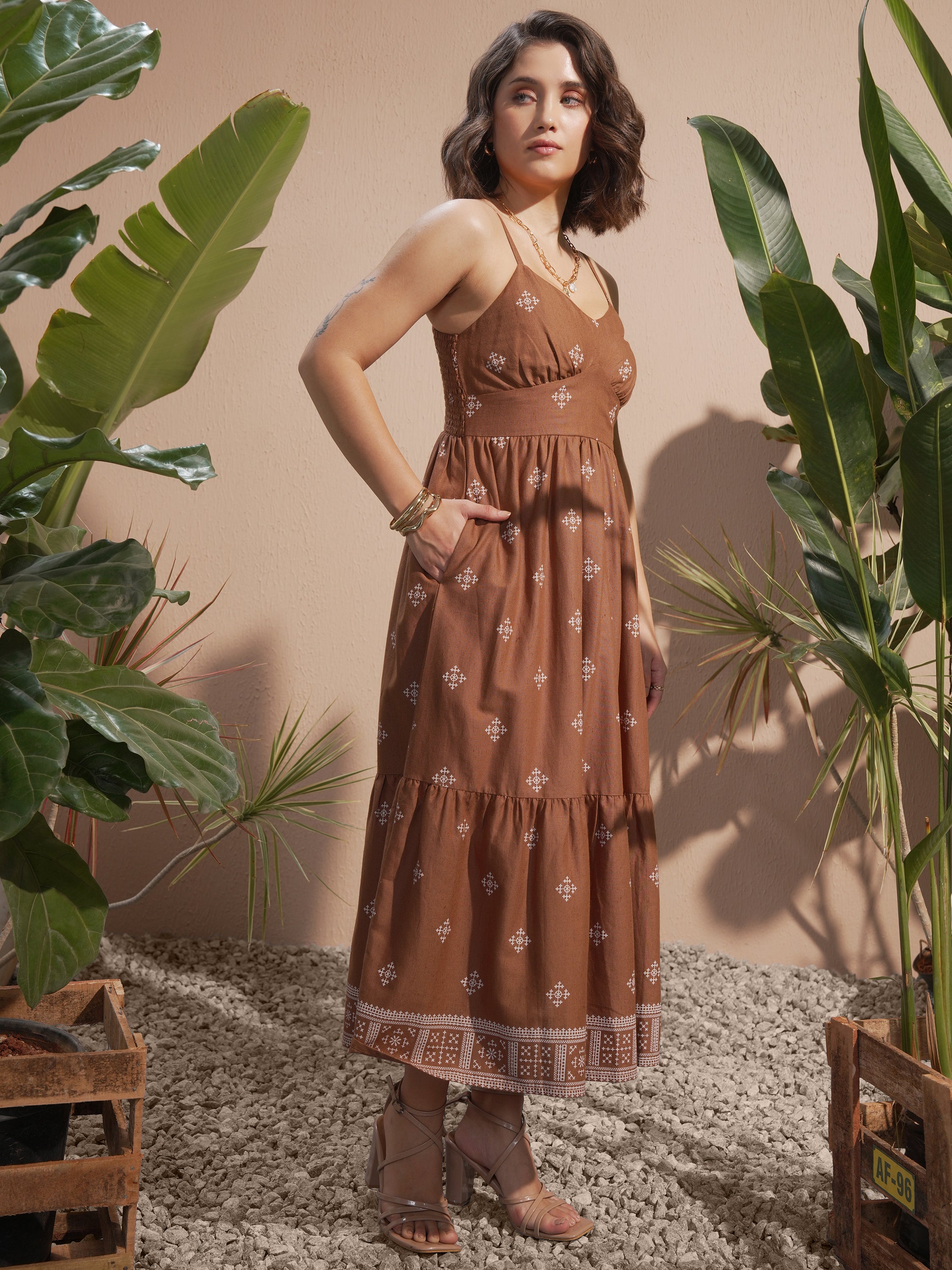 Vara By Vishudh women Brown Printed A-Line Dress - Brown - Image 4
