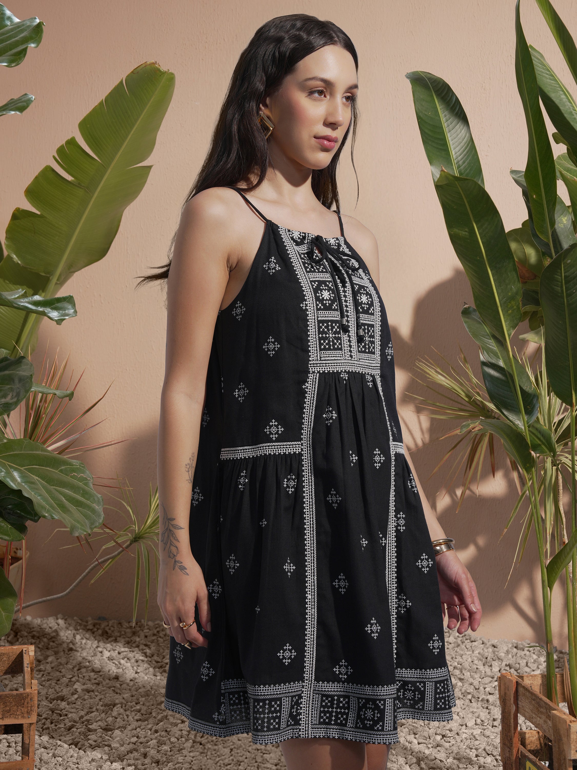 Vara By Vishudh Women Black Embroidered A-Line Dress - Black - Image 6