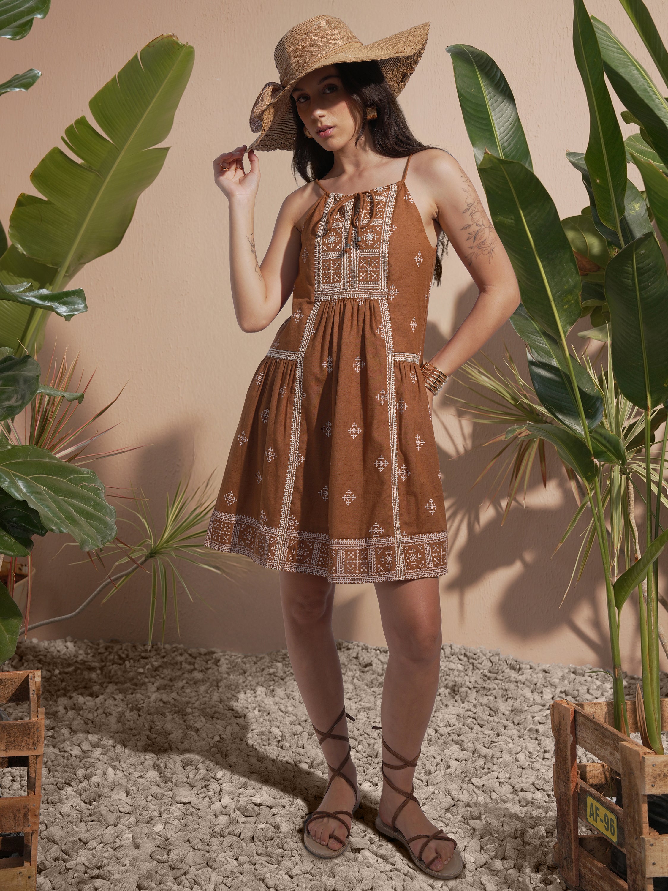 Vara By Vishudh Women Brown Embroidered A-Line Dress - Brown - Image 2