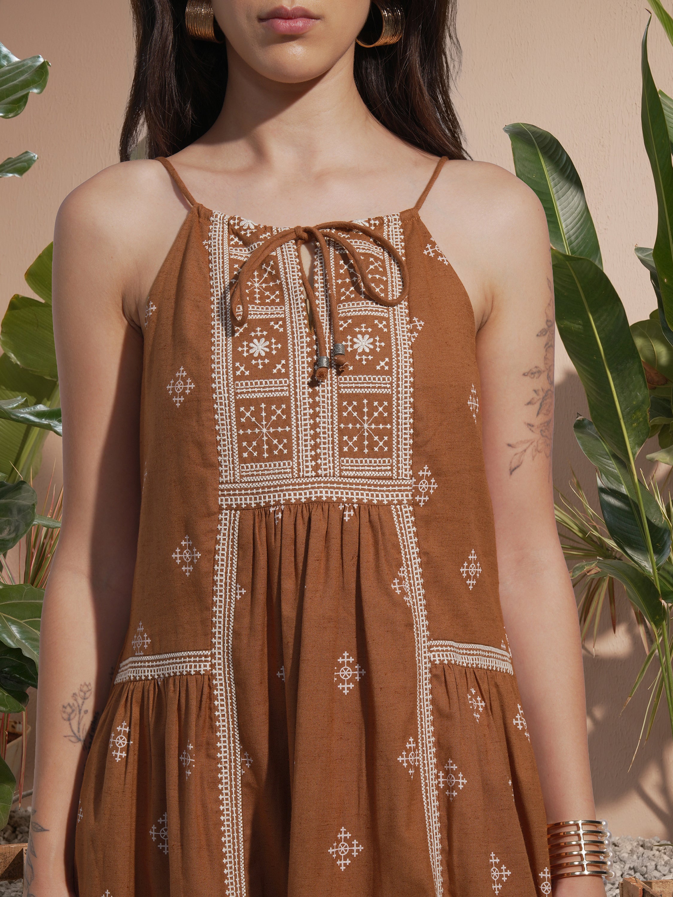 Vara By Vishudh Women Brown Embroidered A-Line Dress - Brown - Image 5