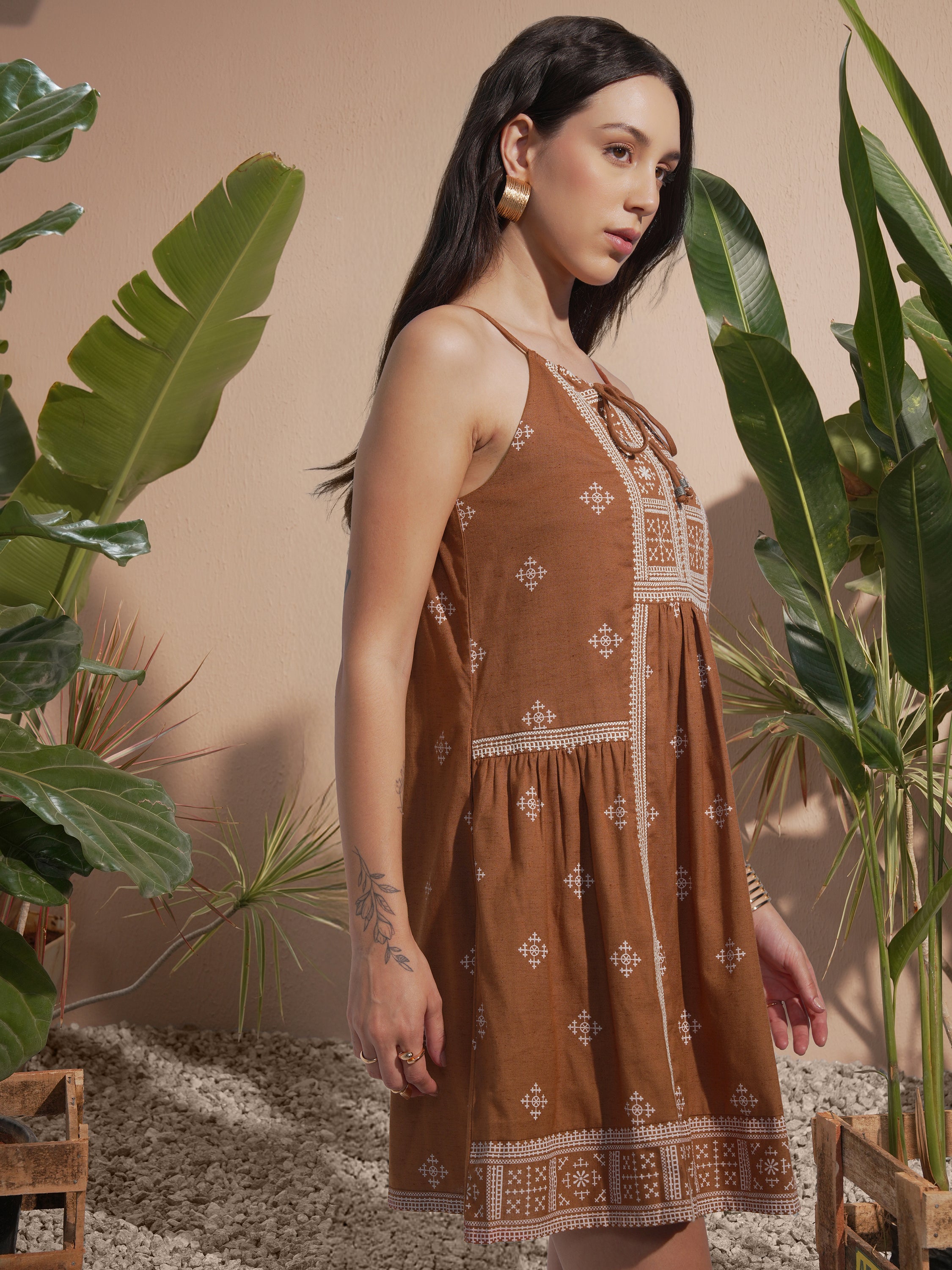 Vara By Vishudh Women Brown Embroidered A-Line Dress - Brown - Image 6