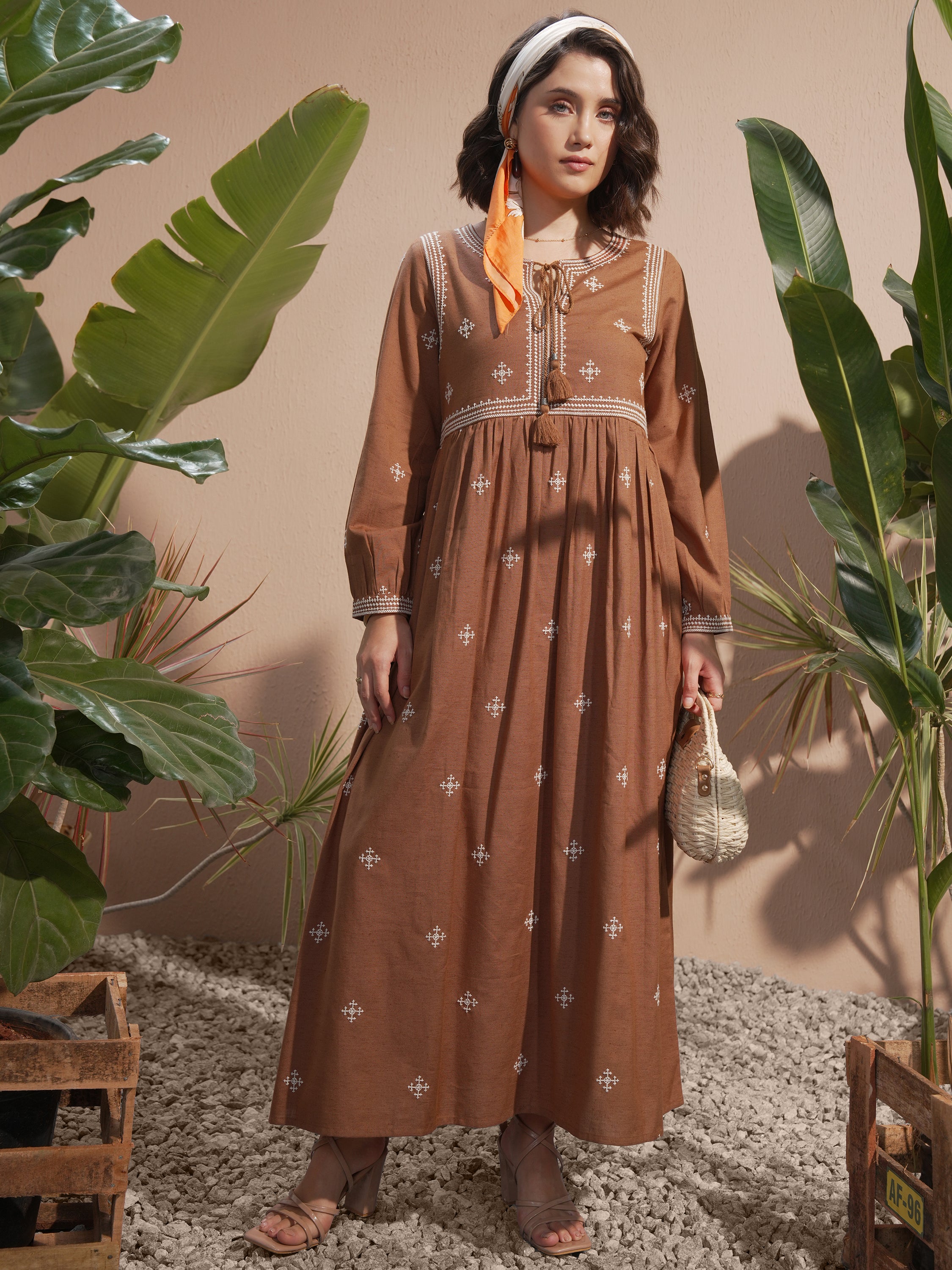 Vara By Vishudh Women Brown Embroidered Maxi Dress - Brown - Image 1