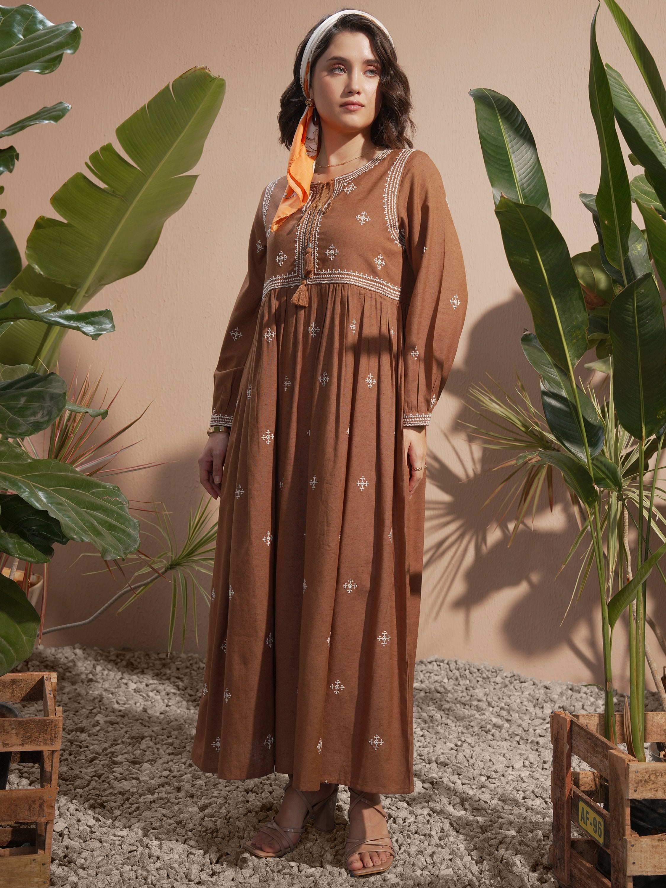 Vara By Vishudh Women Brown Embroidered Maxi Dress - Brown - Image 2